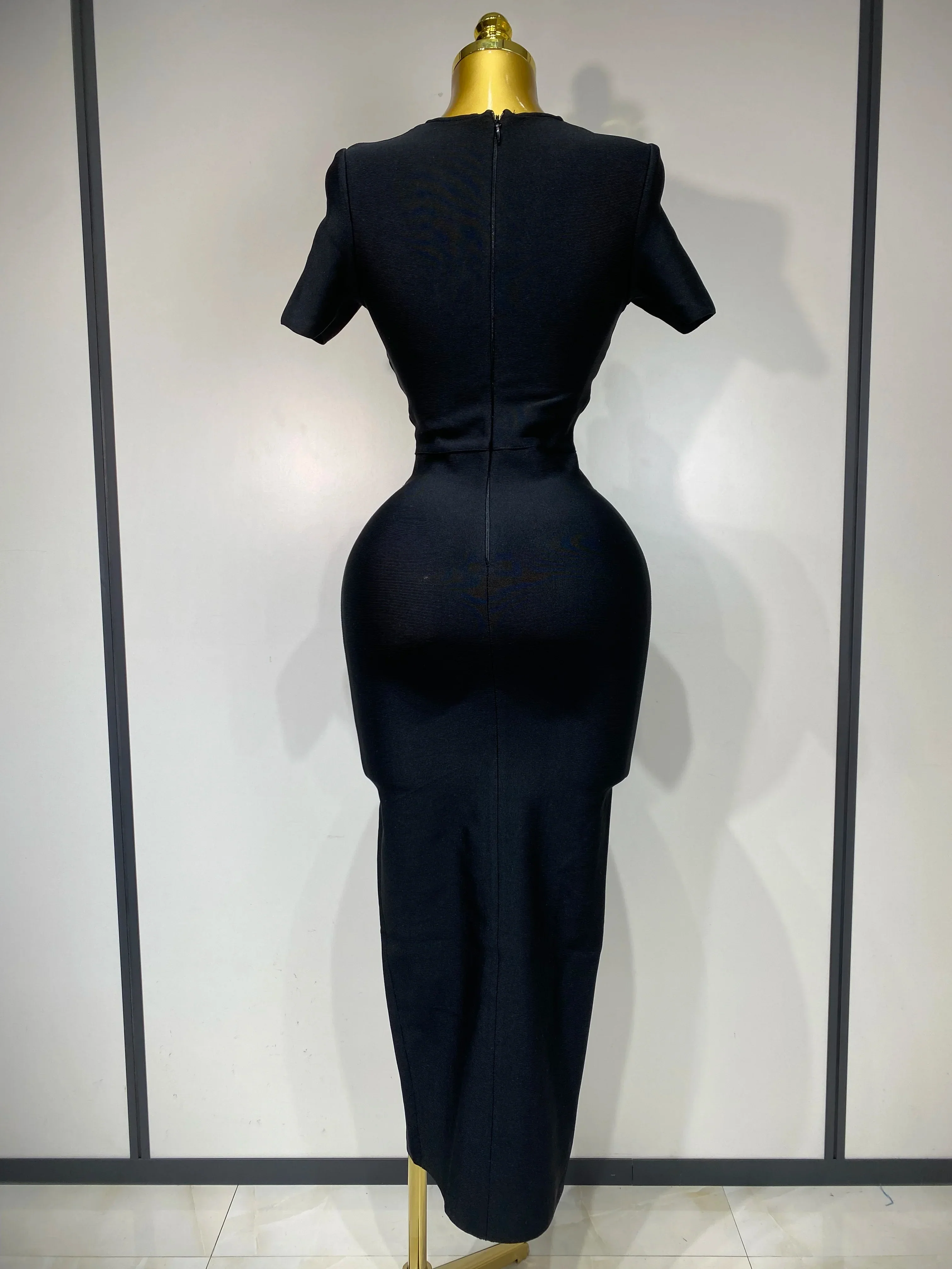 Women Sexy Cut Out Short Sleeve Bodycon Long Dress Party Evening Celebrate Birthday Black Bandage Knitted Club Prom Gown - Image 4