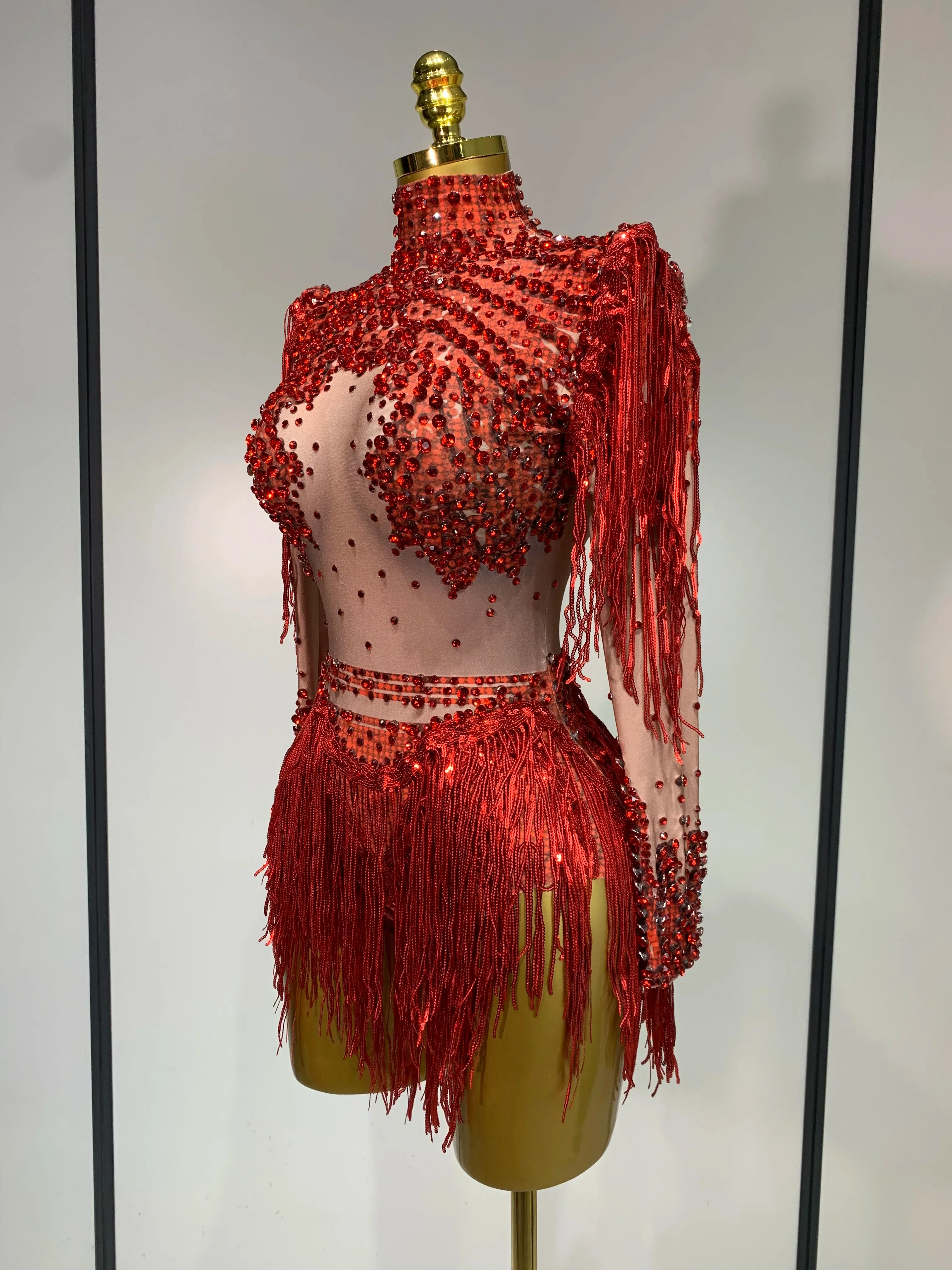 Women Sexy Elasticity Performance Dance Nightclub Rompers Singer Stage Outfit Sparkly Rhinestone Tassels Bodysuit Birthday Wear - Image 2