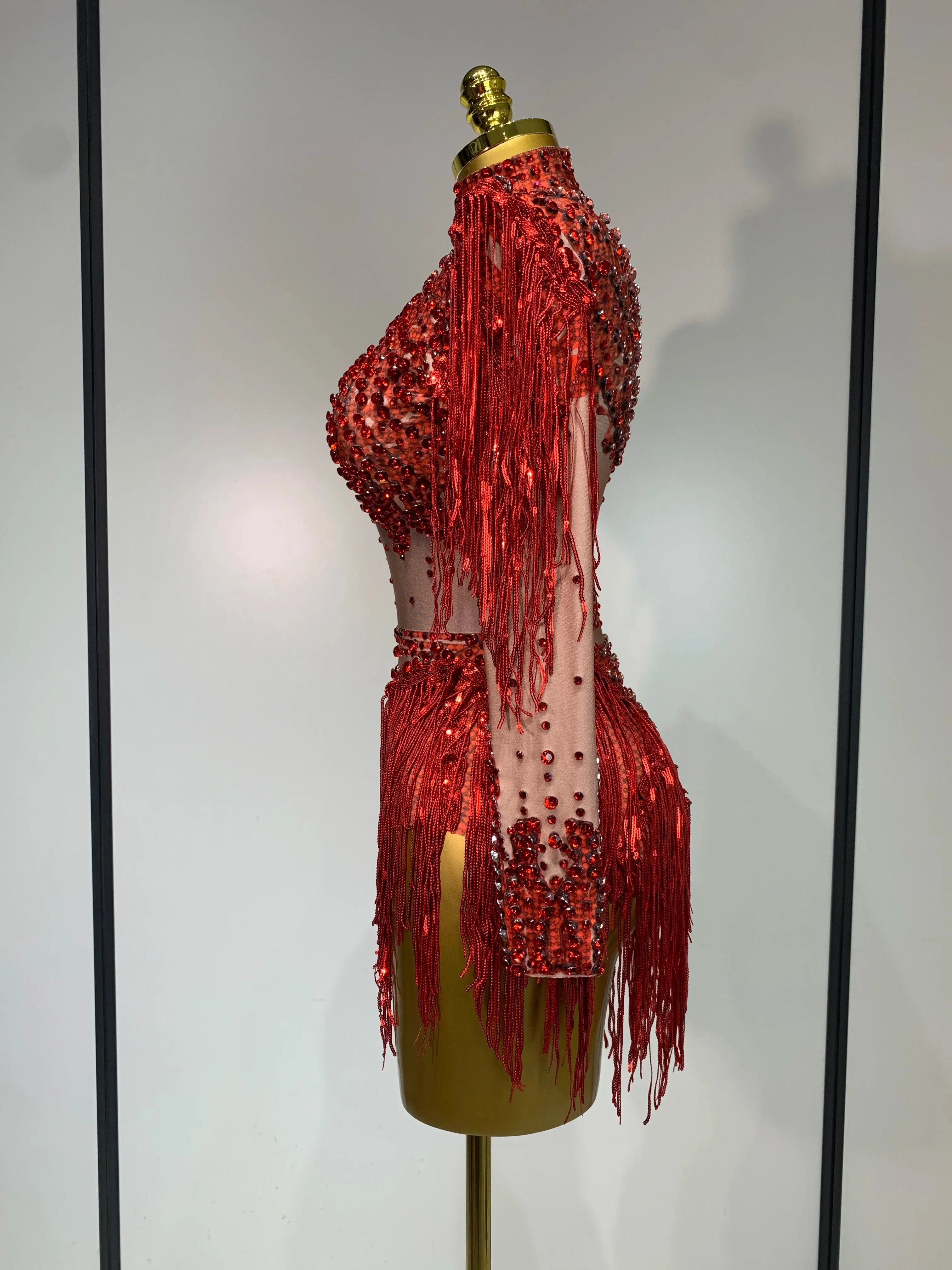 Women Sexy Elasticity Performance Dance Nightclub Rompers Singer Stage Outfit Sparkly Rhinestone Tassels Bodysuit Birthday Wear - Image 3
