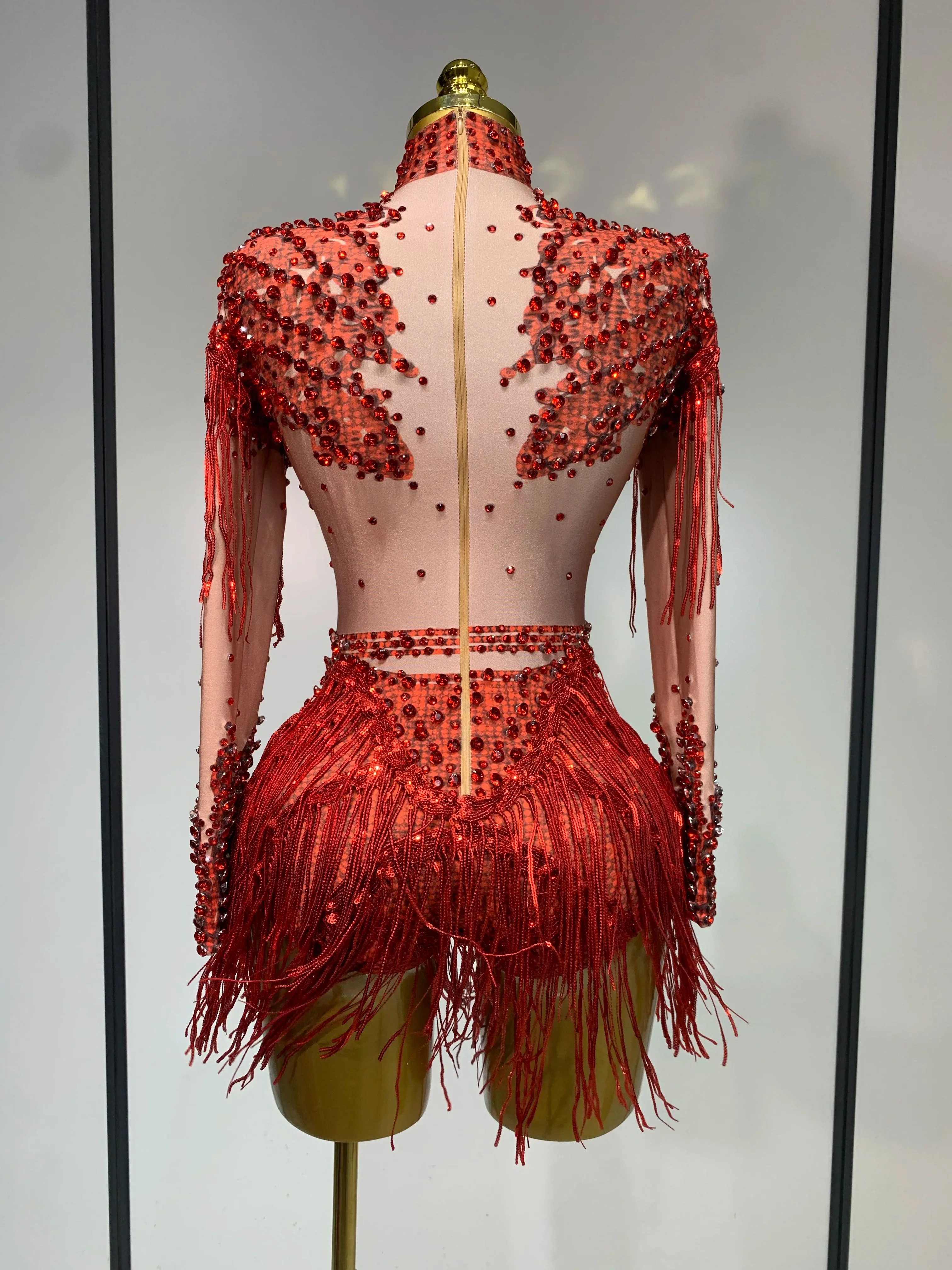 Women Sexy Elasticity Performance Dance Nightclub Rompers Singer Stage Outfit Sparkly Rhinestone Tassels Bodysuit Birthday Wear - Image 4