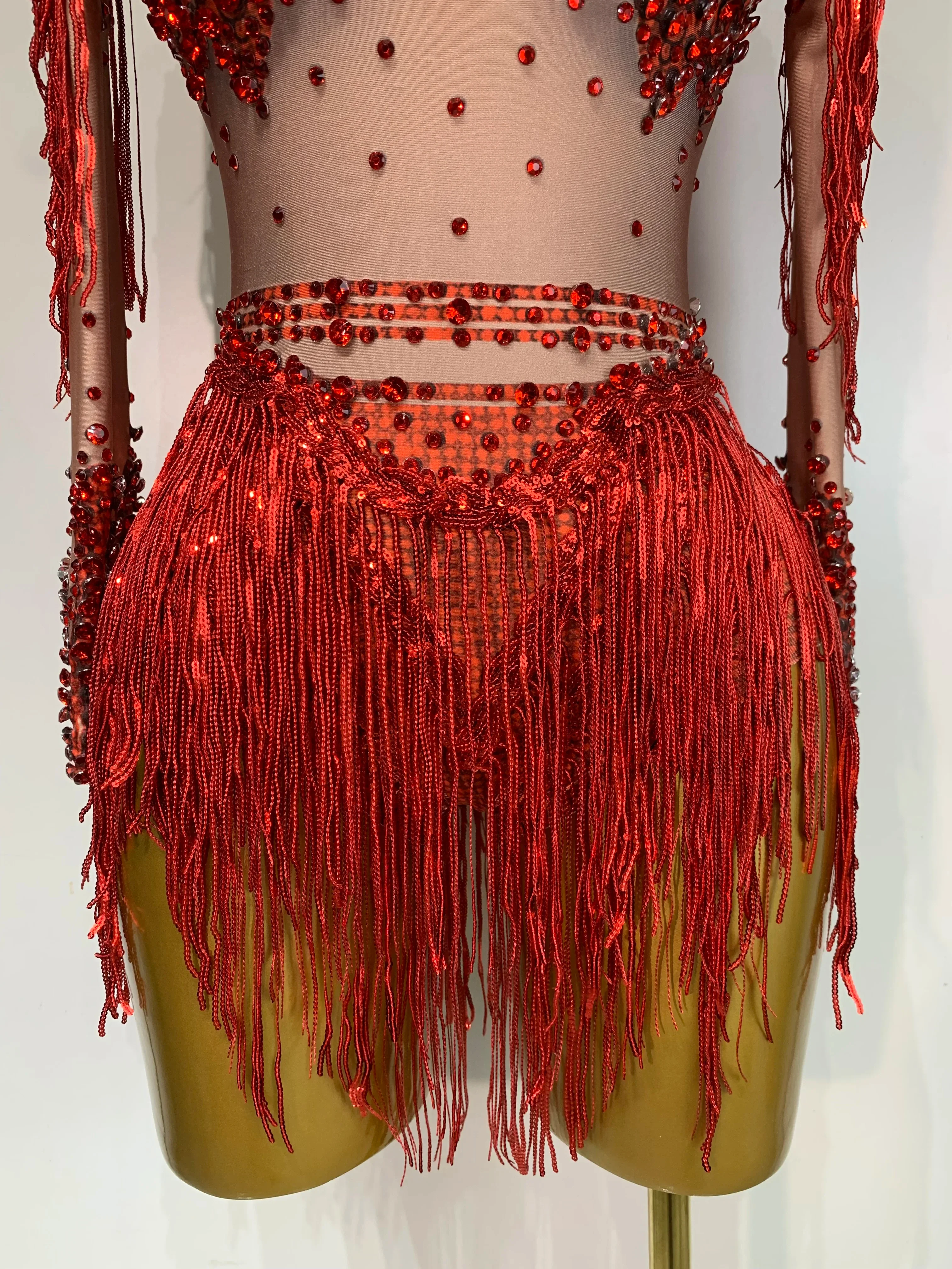 Women Sexy Elasticity Performance Dance Nightclub Rompers Singer Stage Outfit Sparkly Rhinestone Tassels Bodysuit Birthday Wear - Image 6