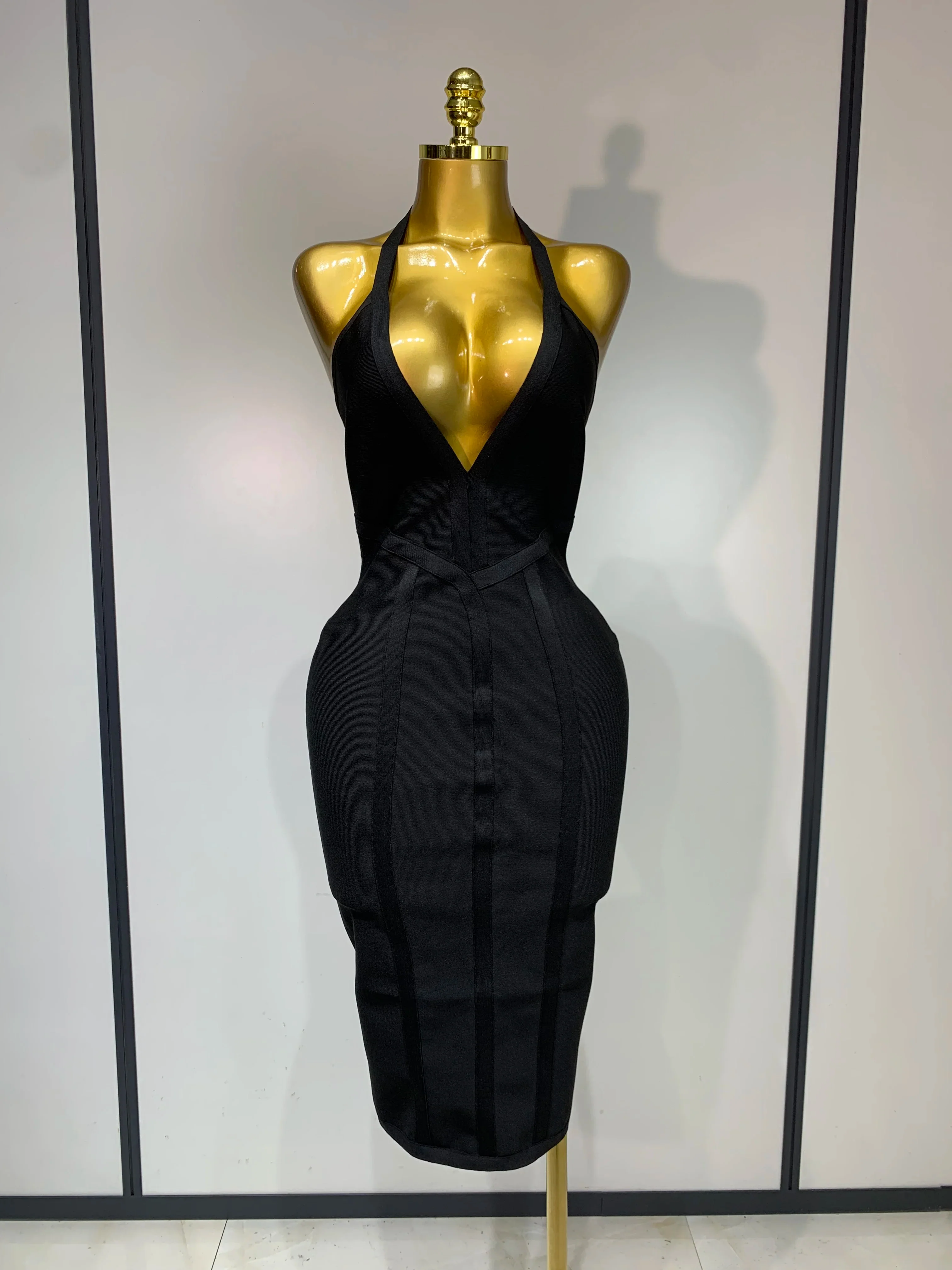 Women Sexy Elegant Spaghetti Strap V Neck Black Midi Bodycon Bandage Dress Nightclub Evening Party Luxury Birthday Dress