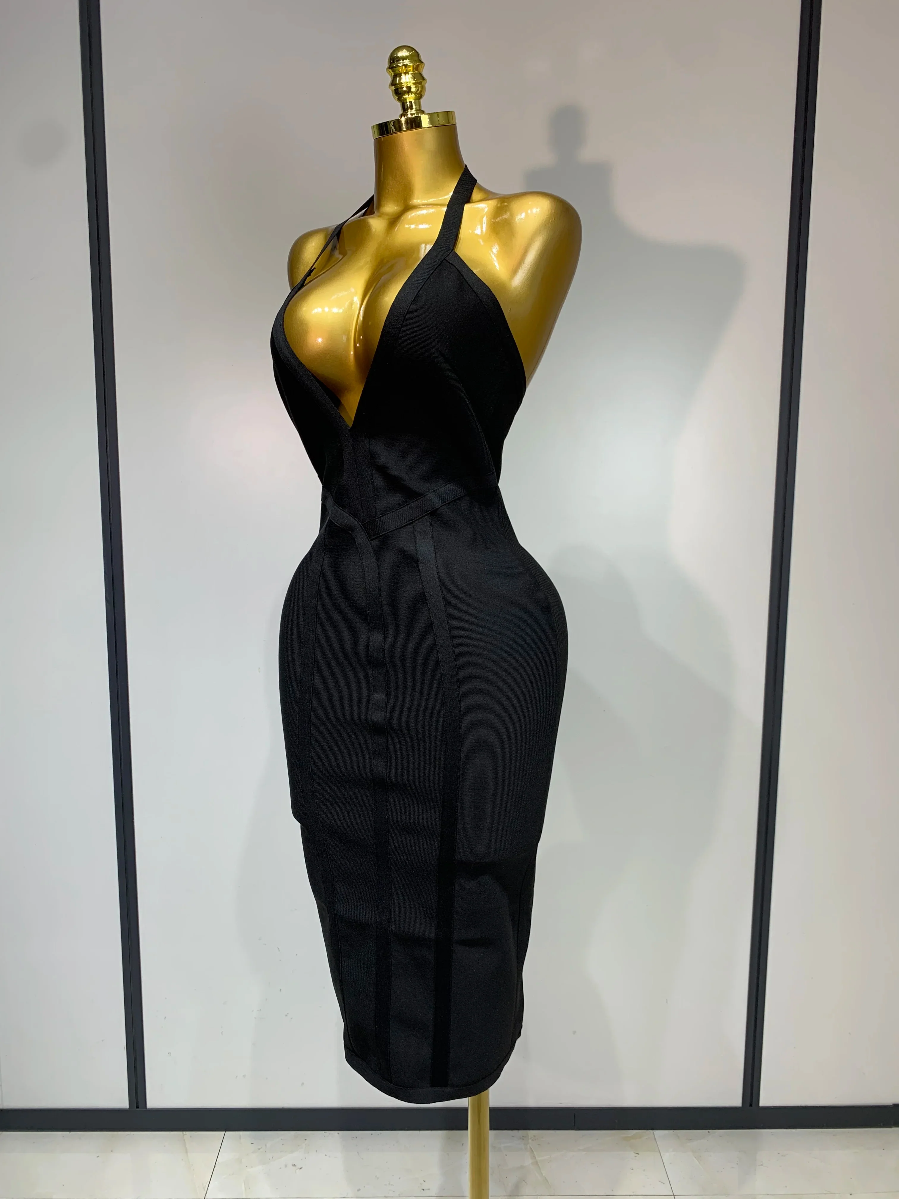 Women Sexy Elegant Spaghetti Strap V Neck Black Midi Bodycon Bandage Dress Nightclub Evening Party Luxury Birthday Dress - Image 2