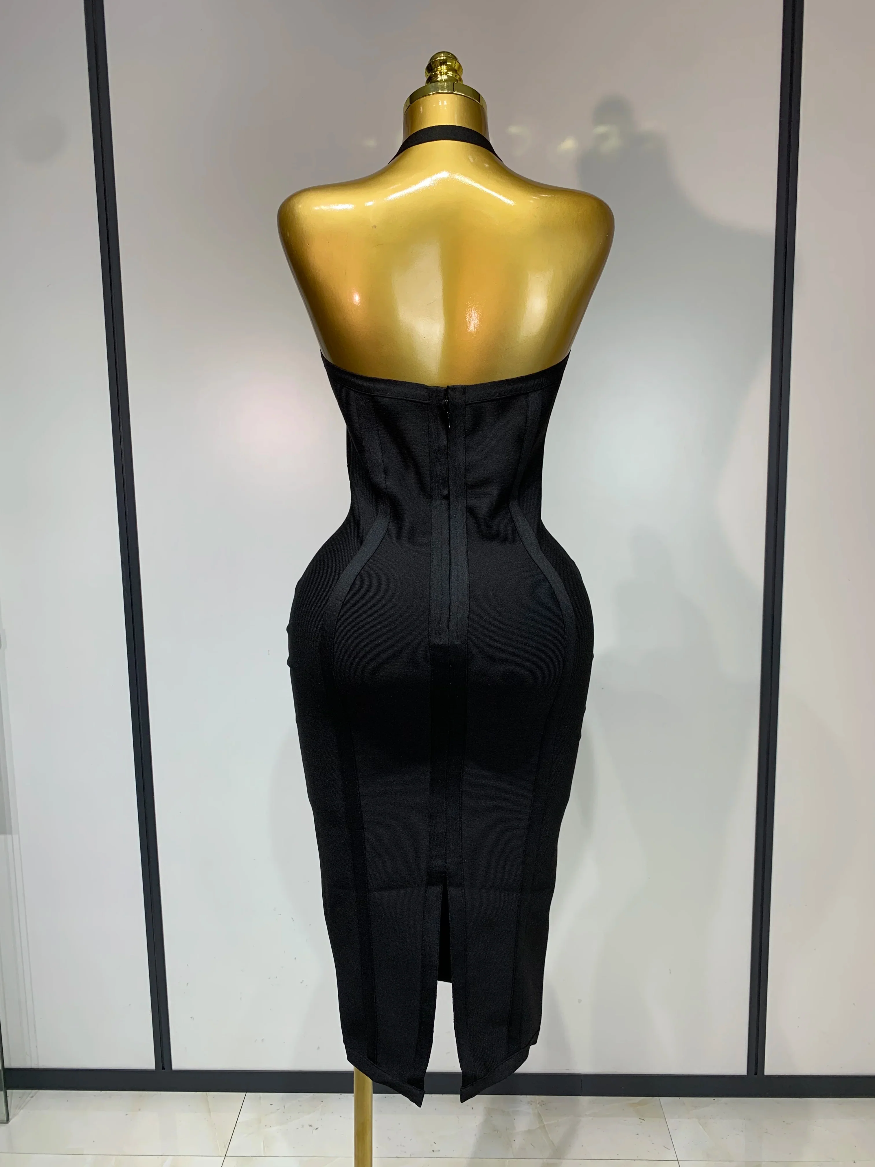 Women Sexy Elegant Spaghetti Strap V Neck Black Midi Bodycon Bandage Dress Nightclub Evening Party Luxury Birthday Dress - Image 4