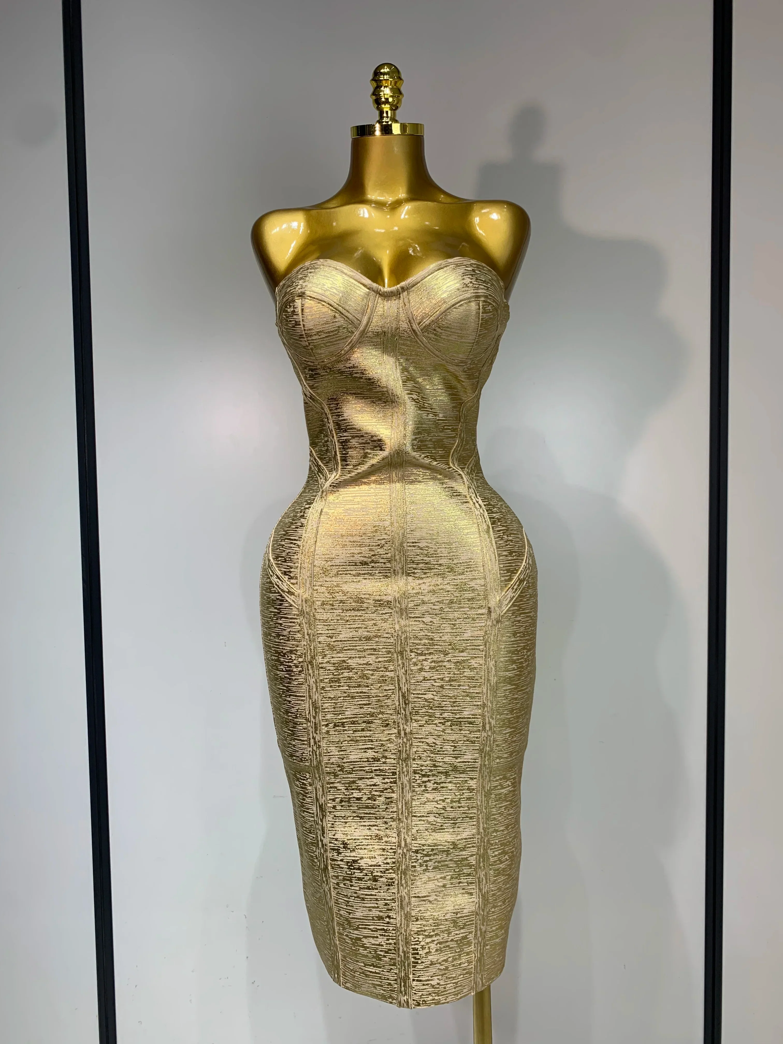 Women Sexy Gold Strapless Bodycon Bandage Dress Fashion Celebrate Evening Party Luxury Birthday Wedding Guest Dress