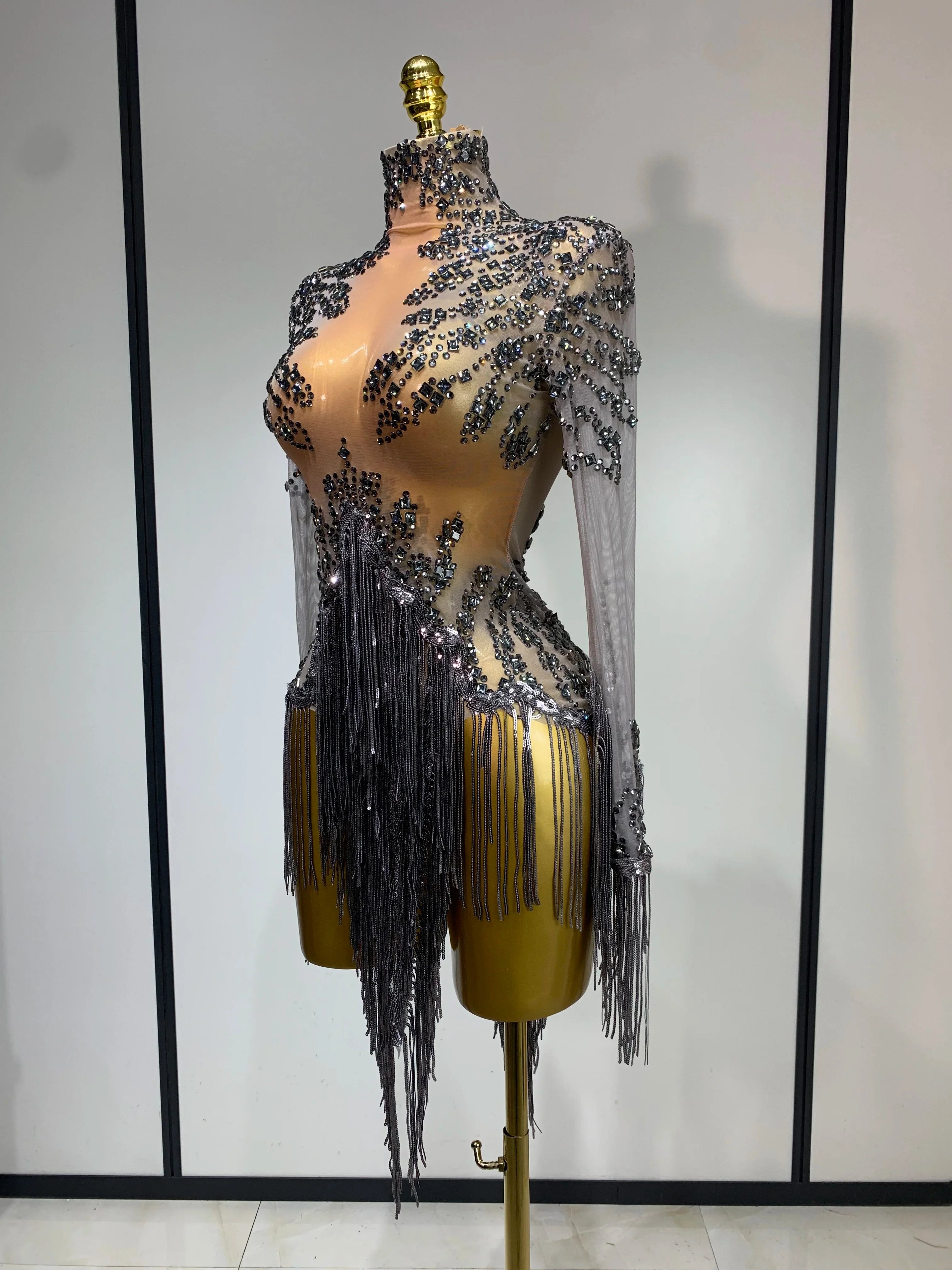 Women Sexy Long Sleeve Diamond Tassel Dress Nightclub Performance Stage Costume Celebrity Evening Party Luxury Birthday Dress - Image 2