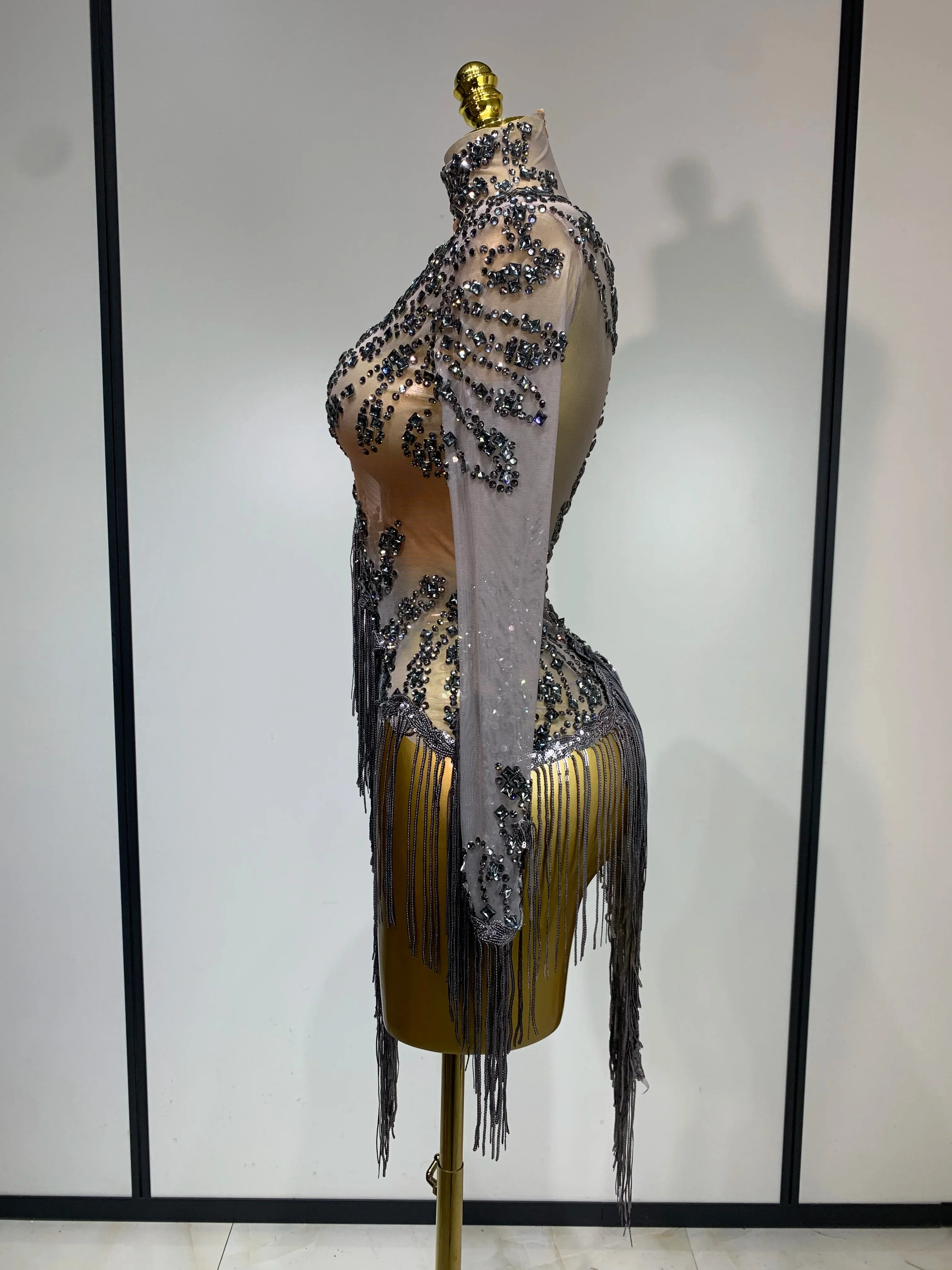 Women Sexy Long Sleeve Diamond Tassel Dress Nightclub Performance Stage Costume Celebrity Evening Party Luxury Birthday Dress - Image 3