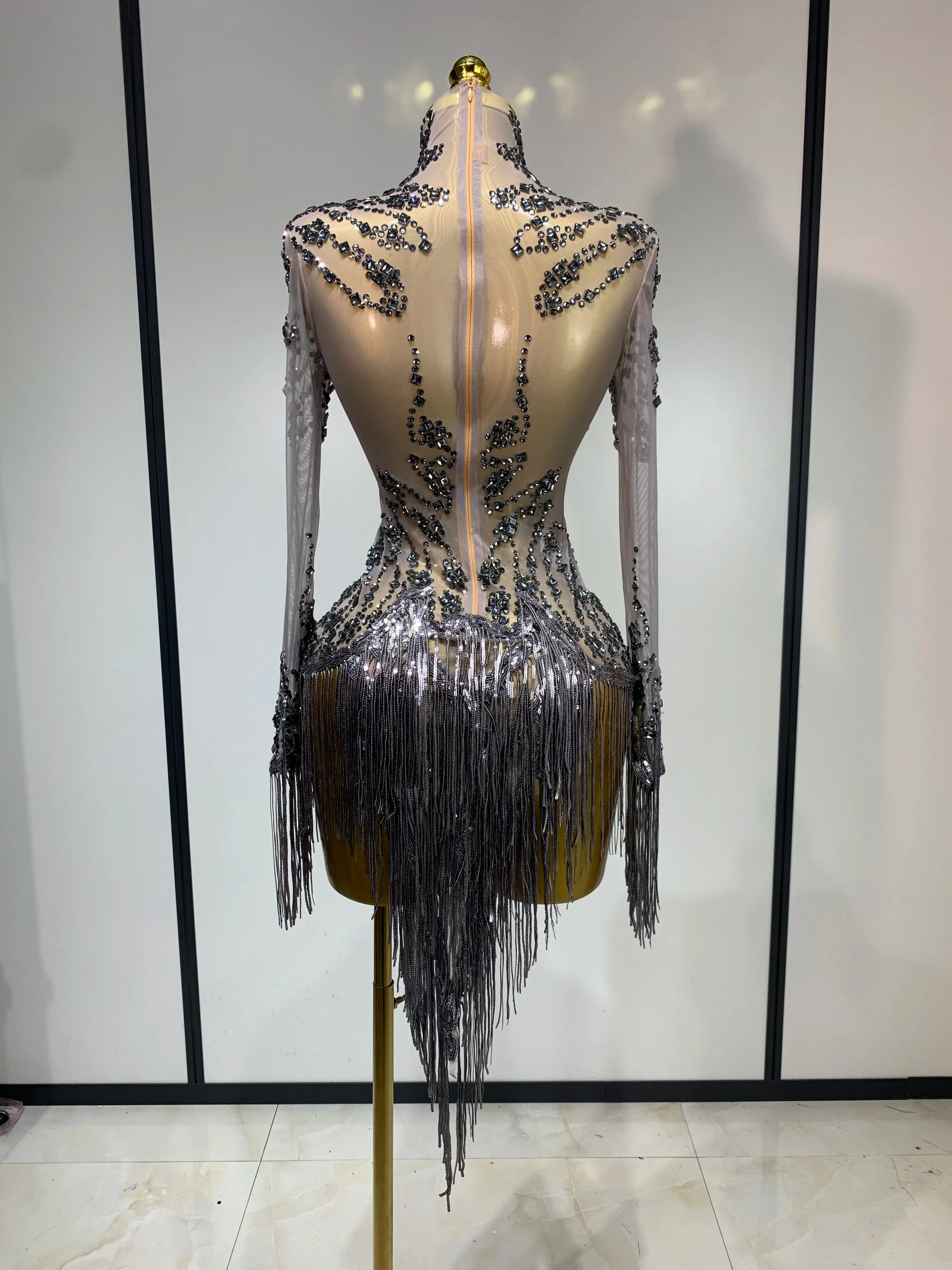 Women Sexy Long Sleeve Diamond Tassel Dress Nightclub Performance Stage Costume Celebrity Evening Party Luxury Birthday Dress - Image 4