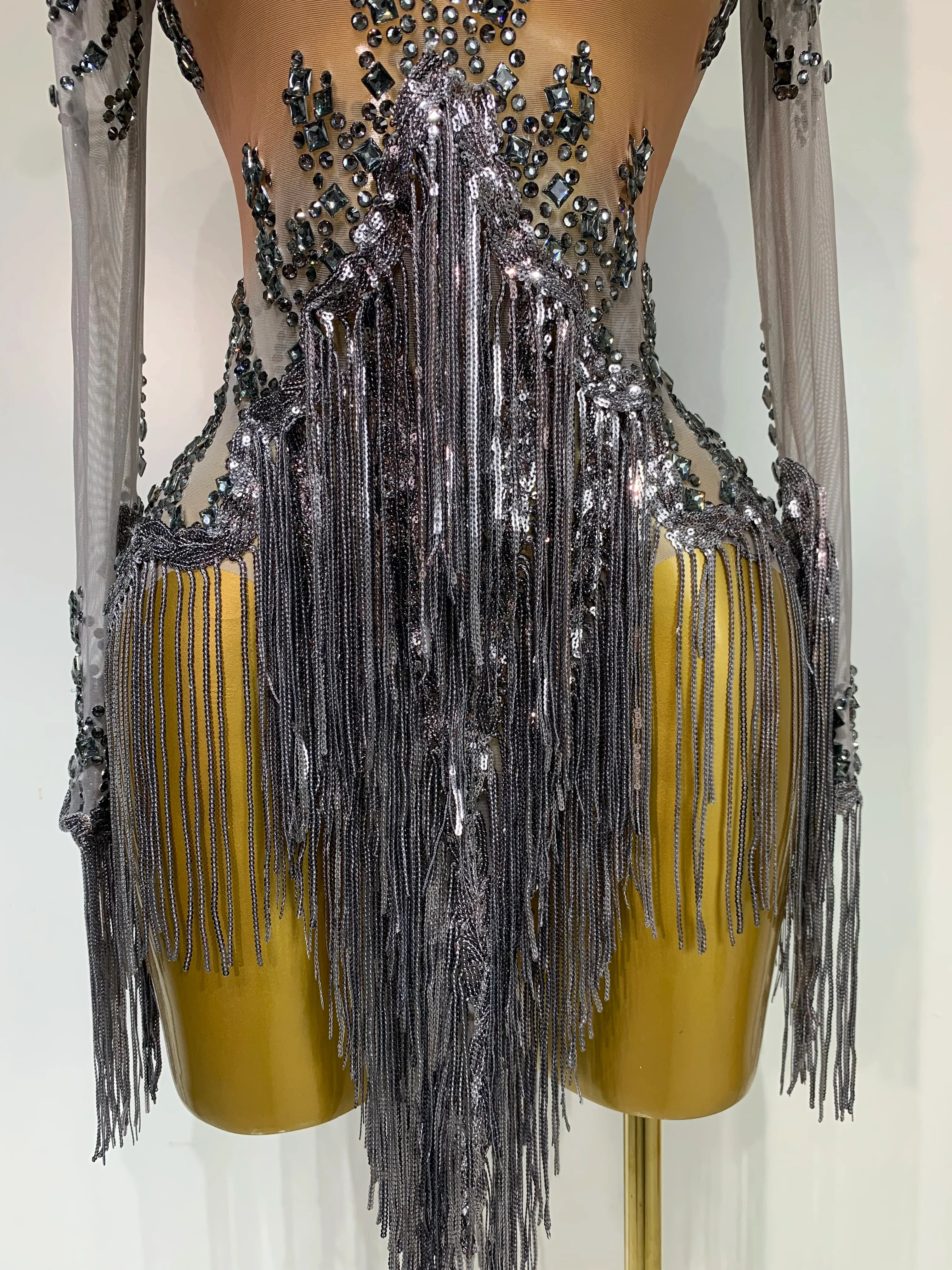 Women Sexy Long Sleeve Diamond Tassel Dress Nightclub Performance Stage Costume Celebrity Evening Party Luxury Birthday Dress - Image 6