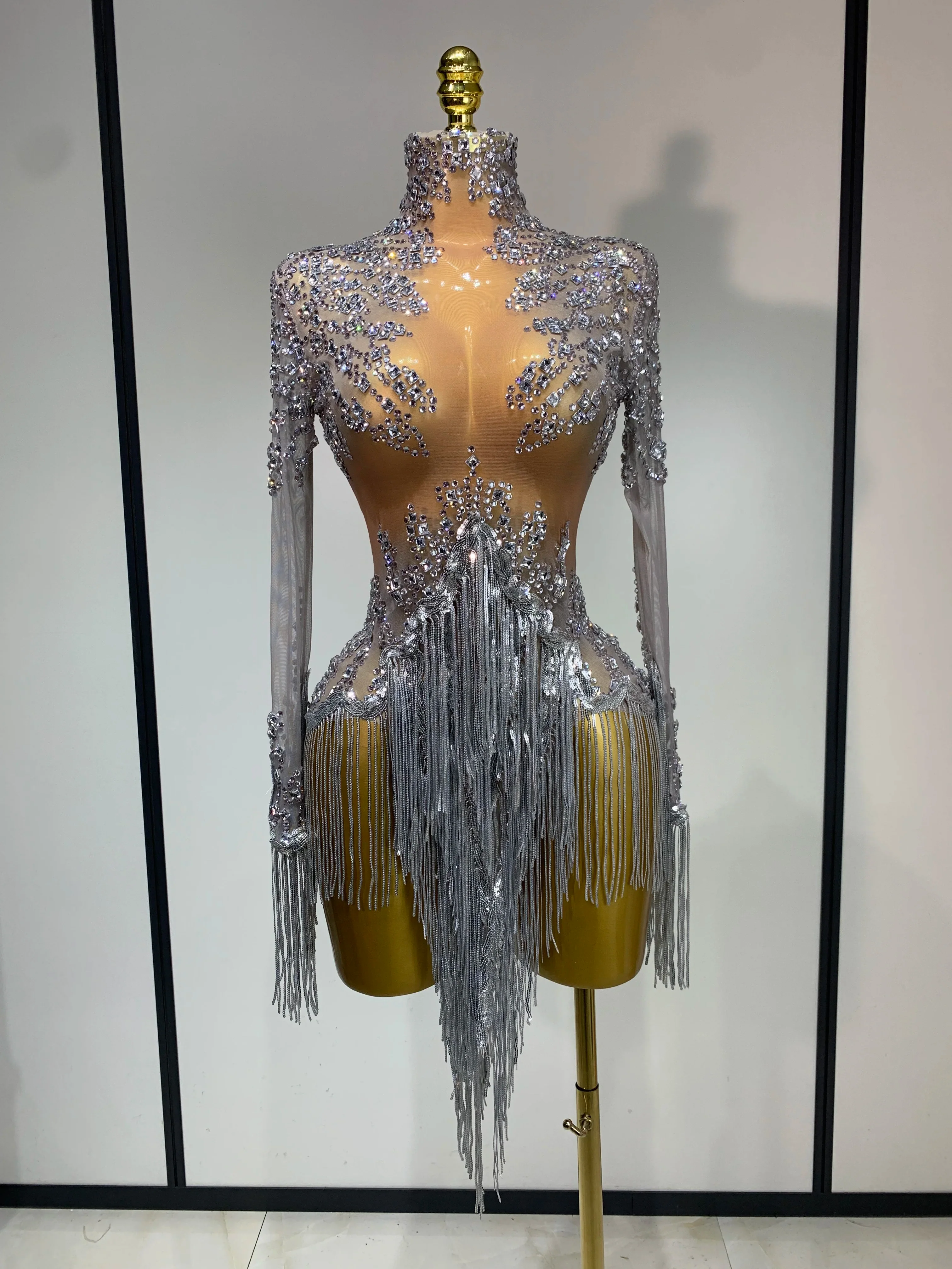 Women Sexy Long Sleeve Diamond Tassel Dress Nightclub Performance Stage Costume Celebrity Evening Party Luxury Birthday Dress - Image 7