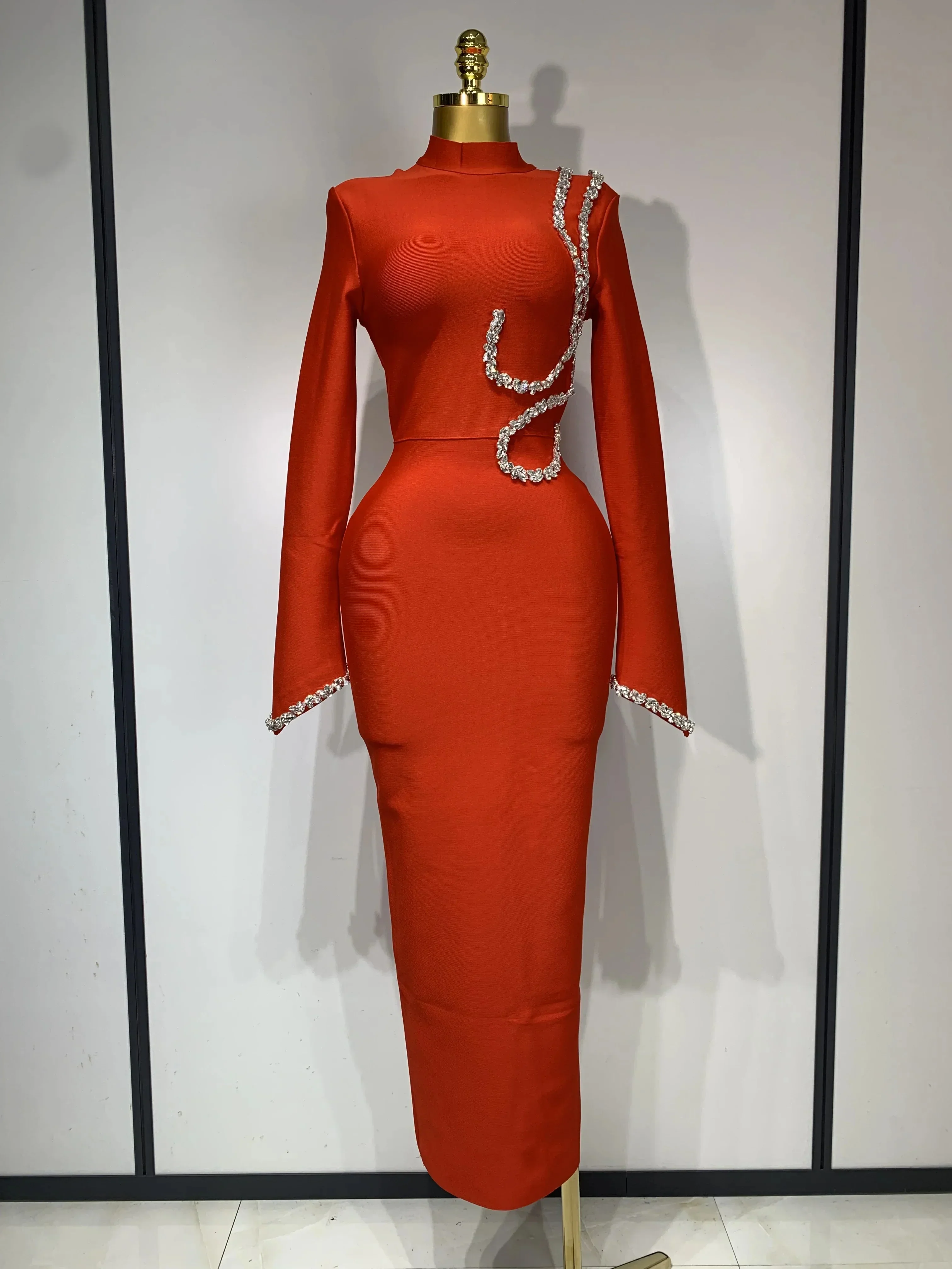 Women Sexy Long Sleeve Diamonds Maxi Long Bodycon Bandage Dress  Celebrity Elegant Evening Party Luxury Birthday Dresses - Image 7