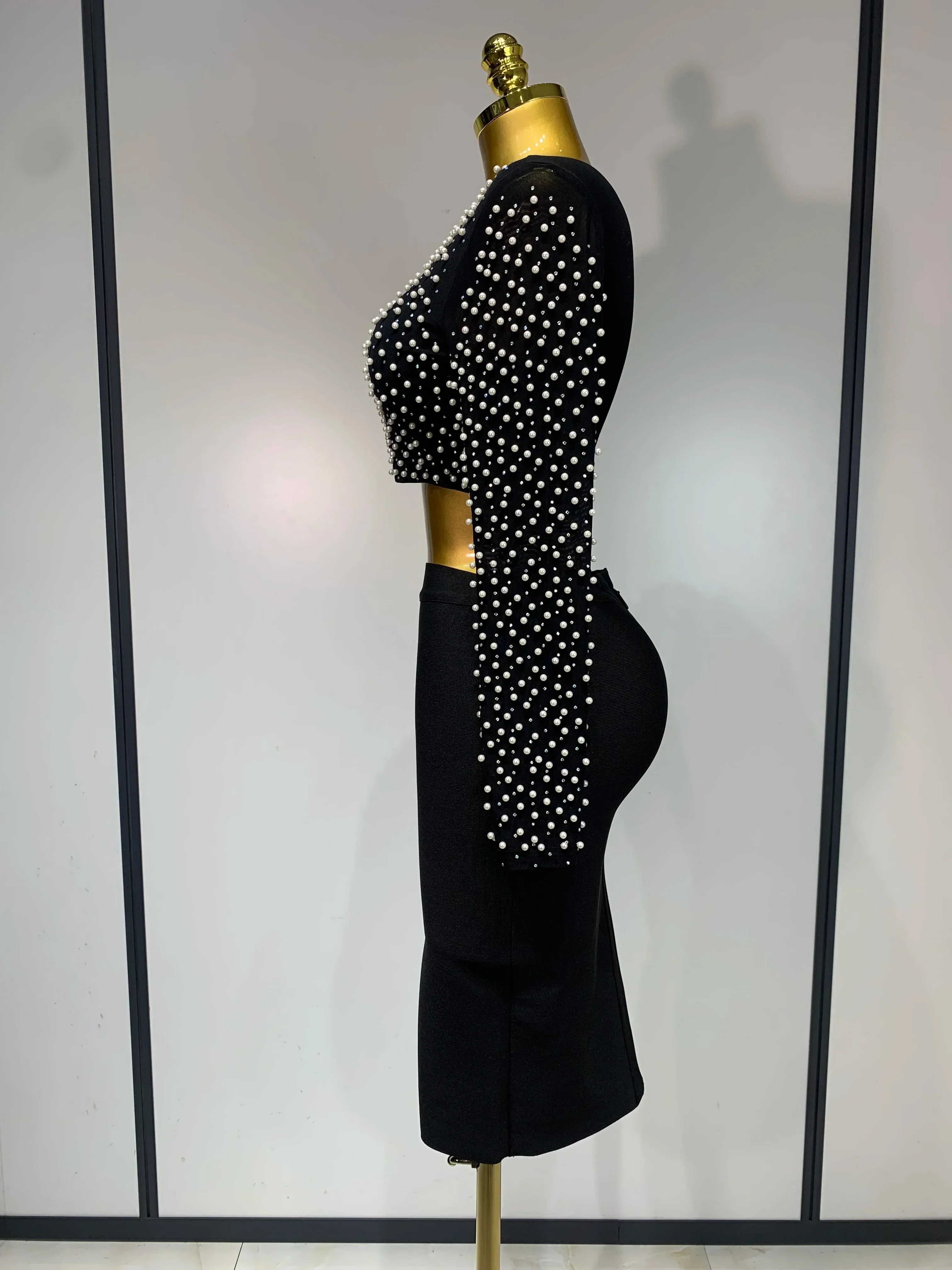 Women Sexy Long Sleeve Mesh Pearl Black Top Celebrity Midi Women Bandage Set  Designer Evening Party Birthday Two Piece Set - Image 2
