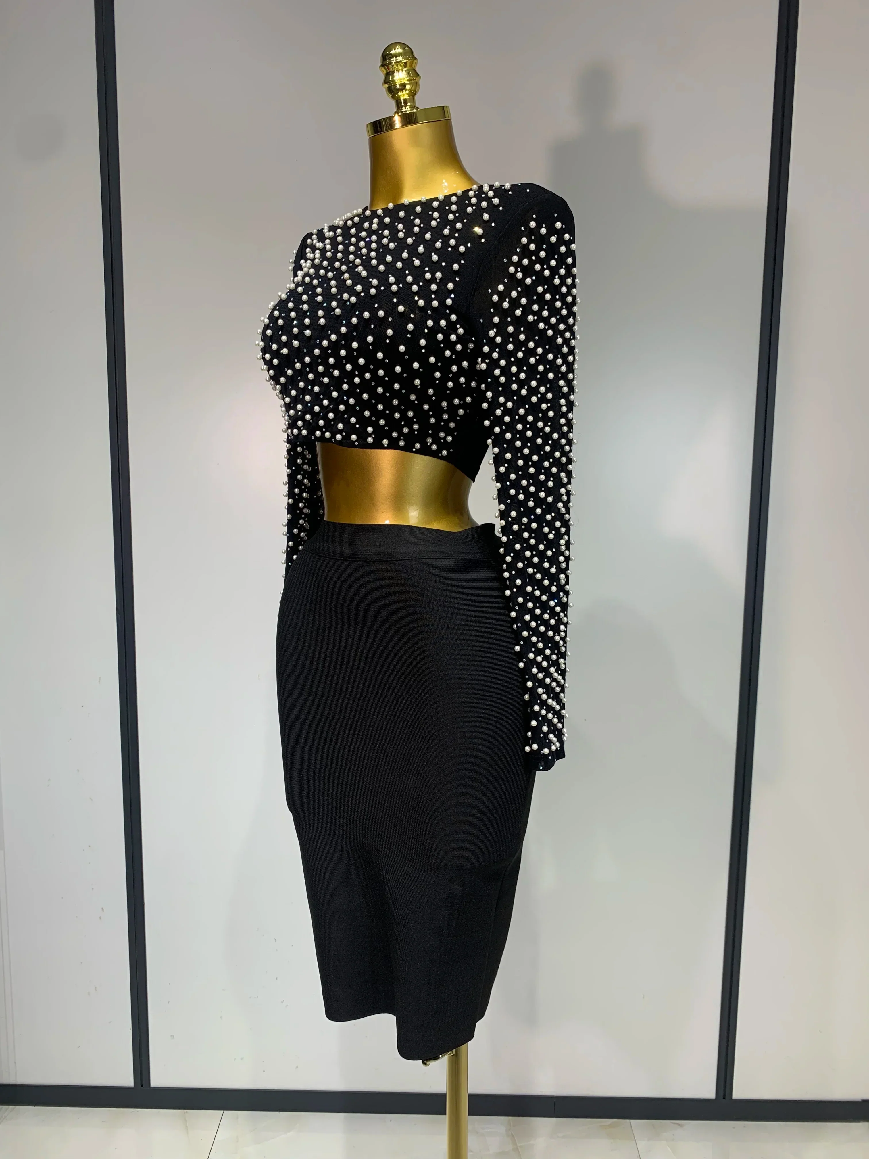 Women Sexy Long Sleeve Mesh Pearl Black Top Celebrity Midi Women Bandage Set  Designer Evening Party Birthday Two Piece Set - Image 3