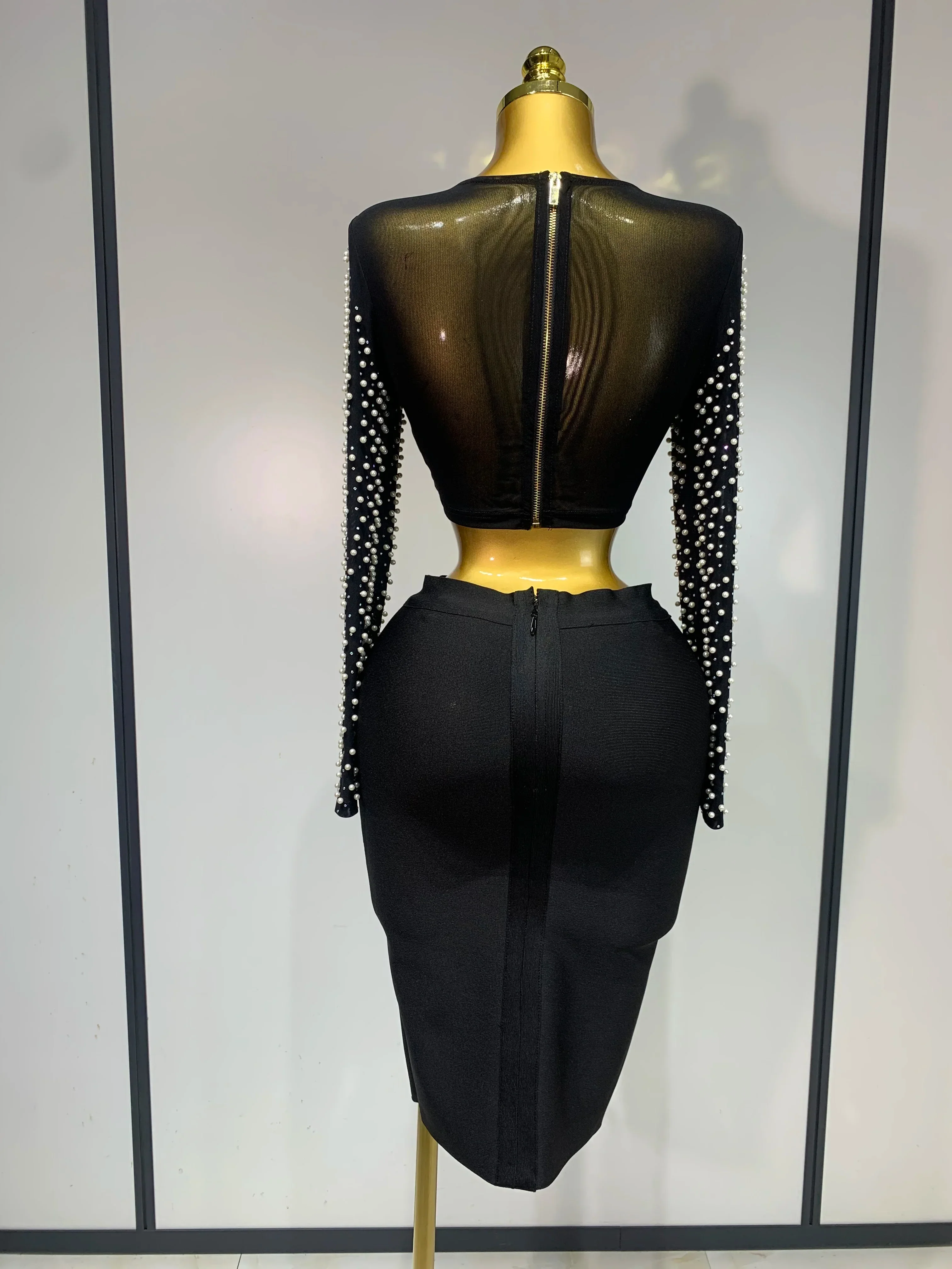 Women Sexy Long Sleeve Mesh Pearl Black Top Celebrity Midi Women Bandage Set  Designer Evening Party Birthday Two Piece Set - Image 4
