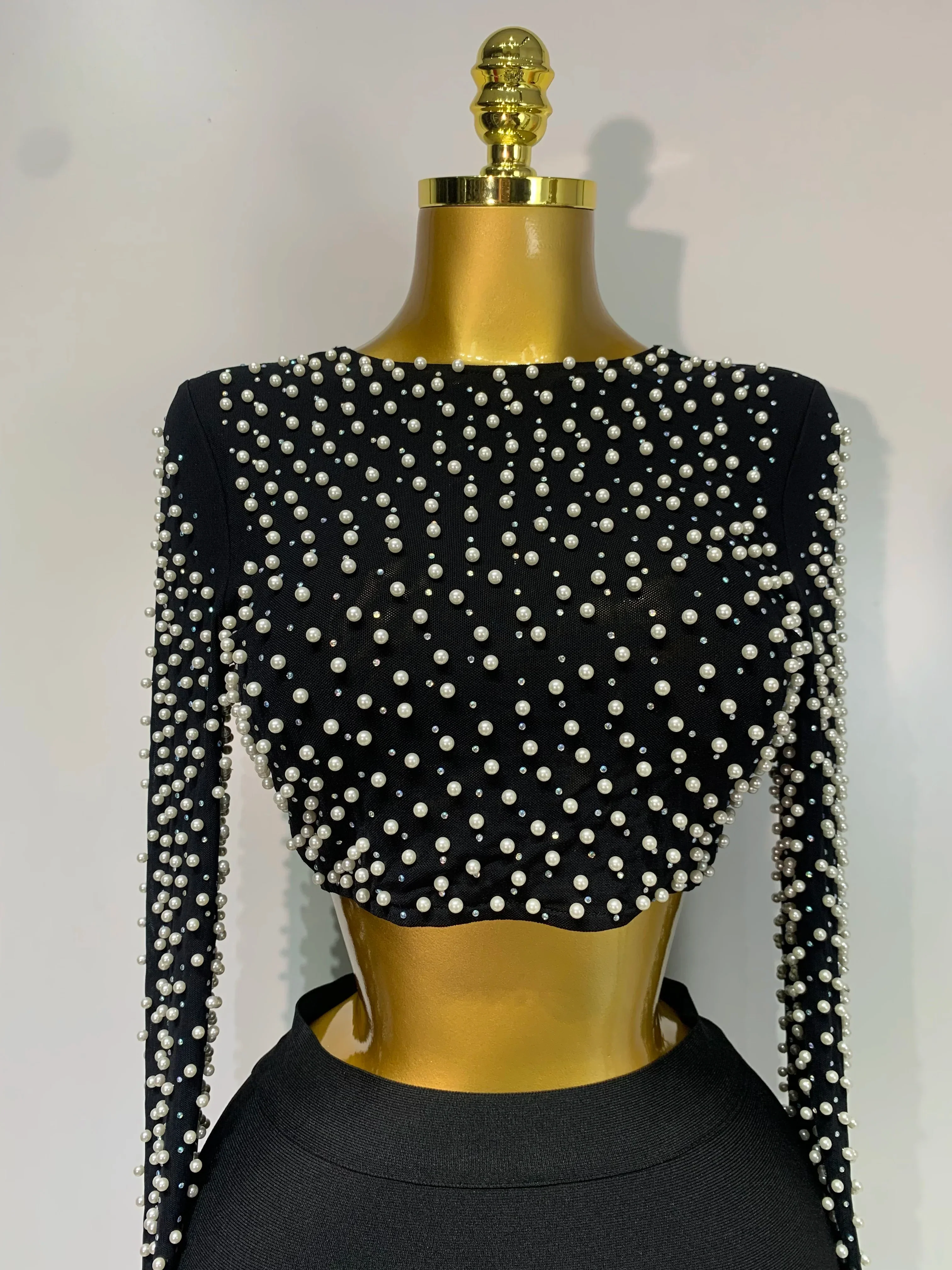 Women Sexy Long Sleeve Mesh Pearl Black Top Celebrity Midi Women Bandage Set  Designer Evening Party Birthday Two Piece Set - Image 5