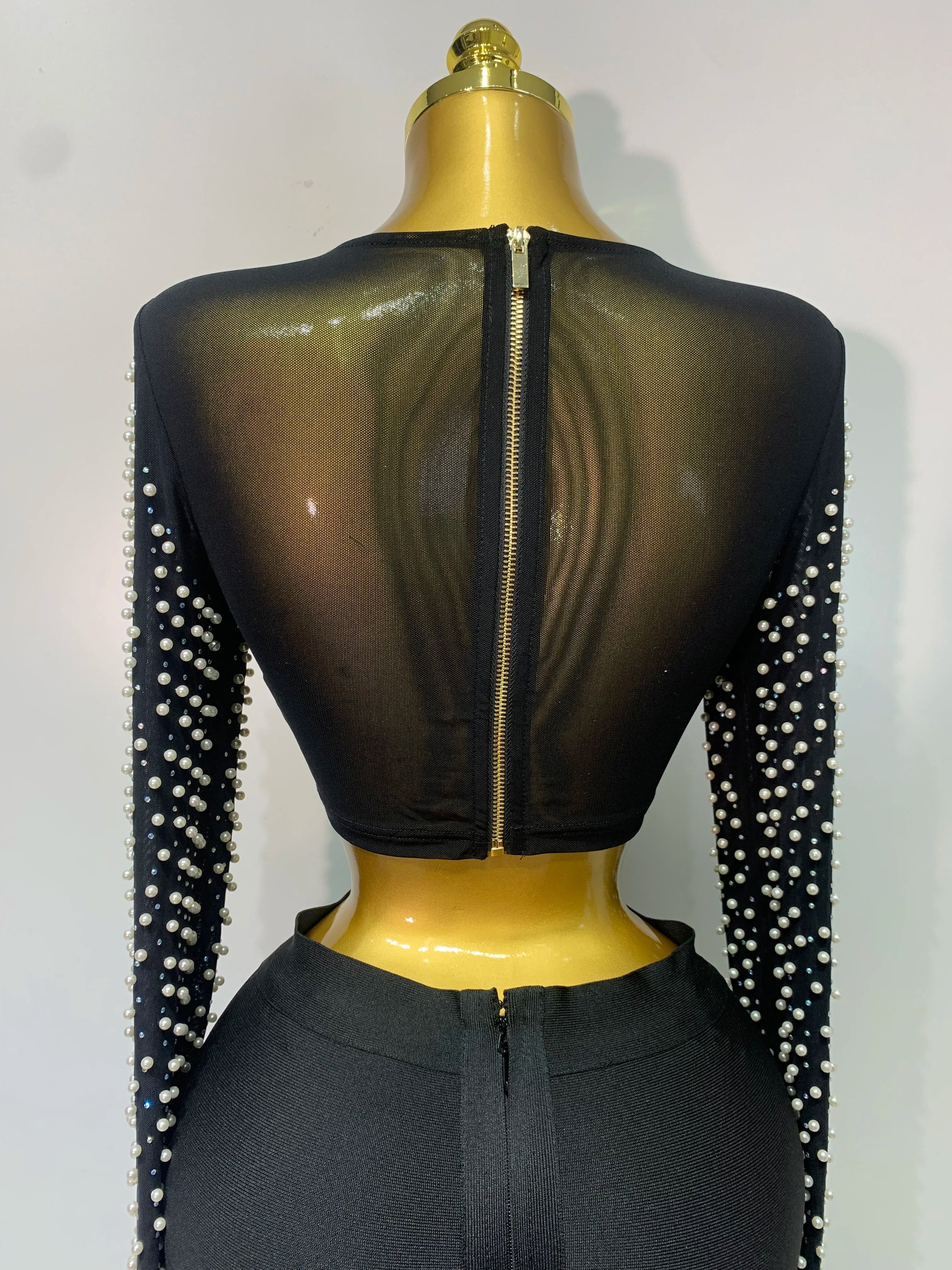 Women Sexy Long Sleeve Mesh Pearl Black Top Celebrity Midi Women Bandage Set  Designer Evening Party Birthday Two Piece Set - Image 6