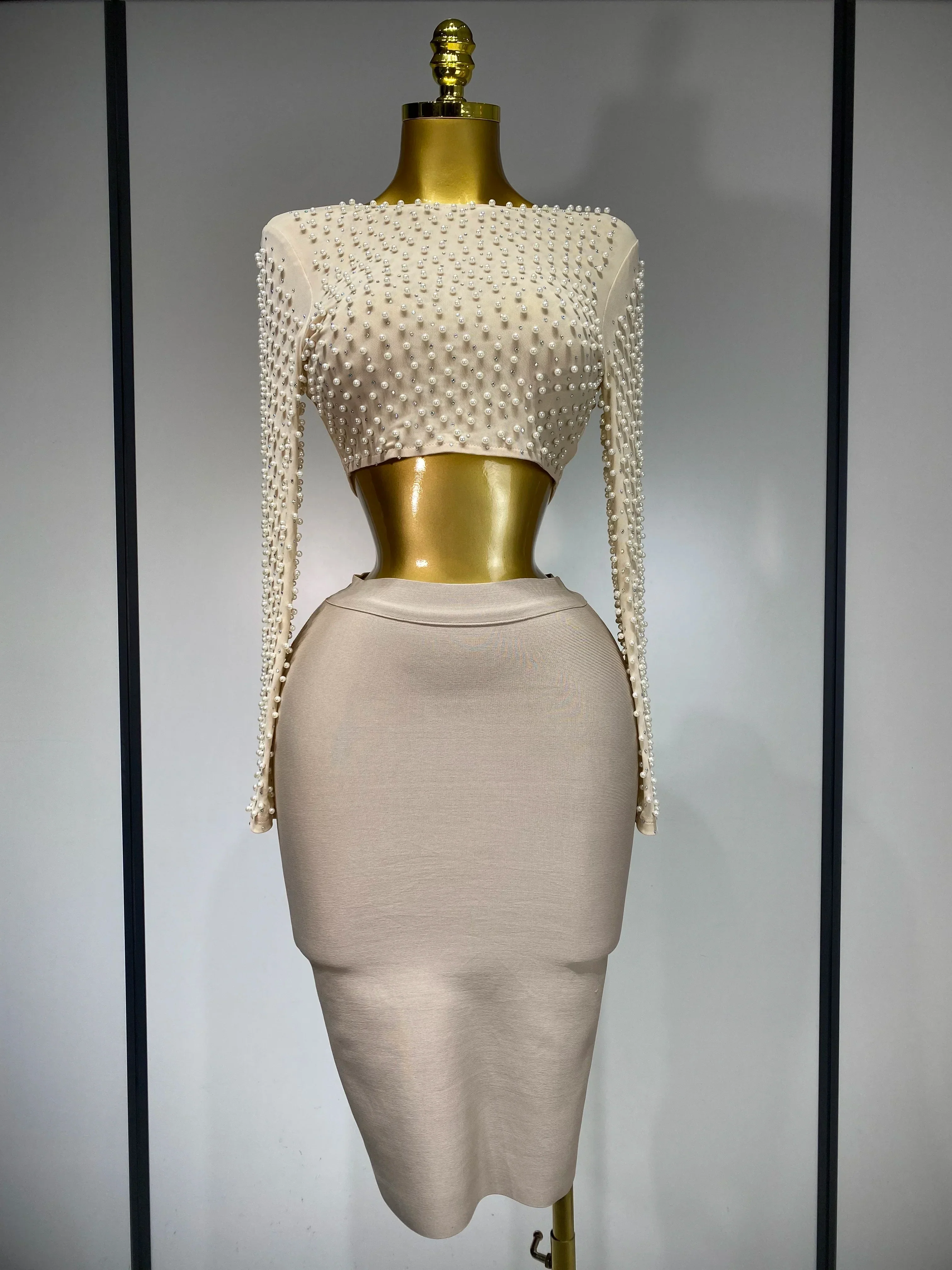 Women Sexy Long Sleeve Mesh Pearl Black Top Celebrity Midi Women Bandage Set  Designer Evening Party Birthday Two Piece Set - Image 7