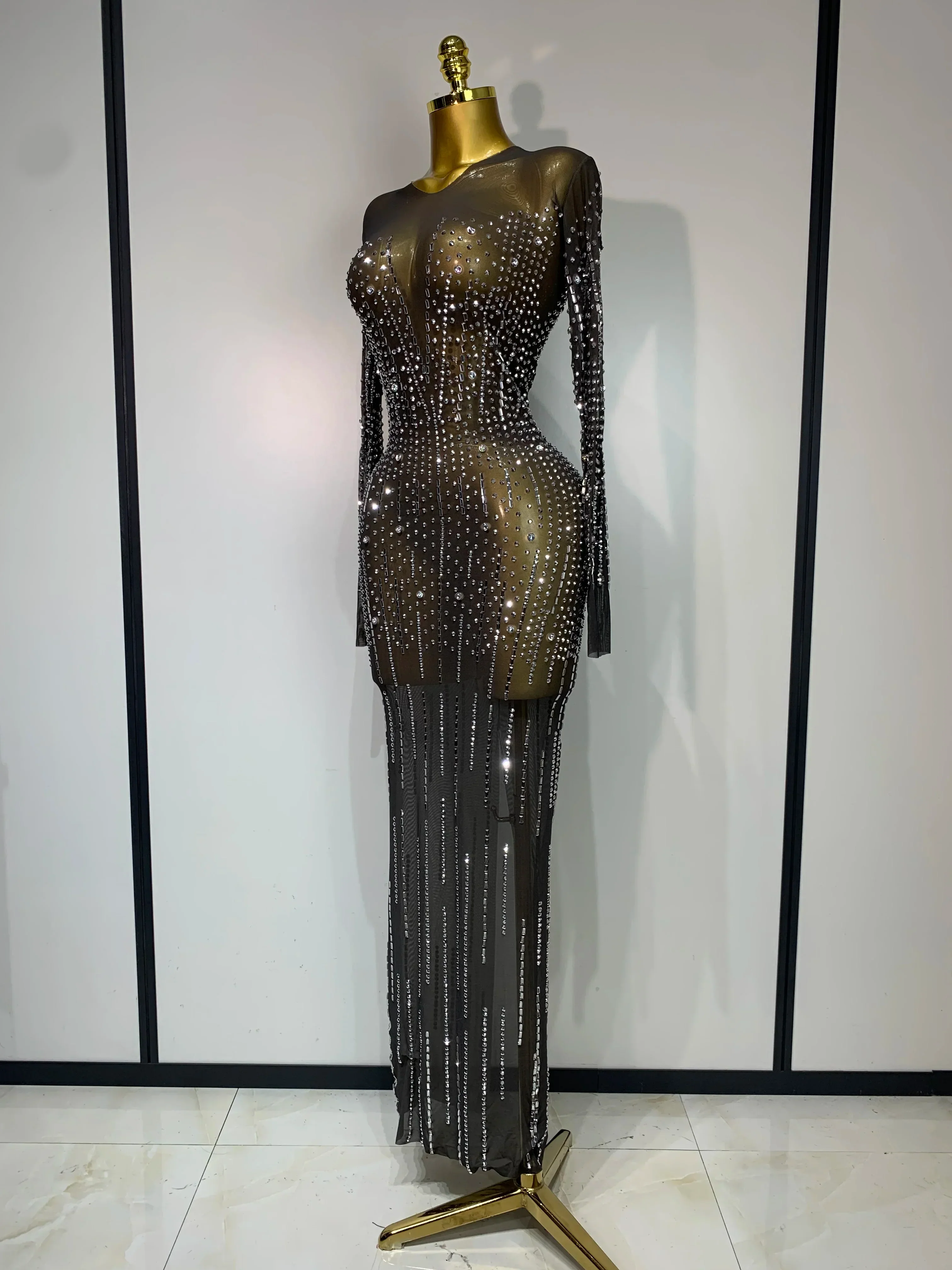 Women Sexy Long Sleeve Mesh See Through Dress  Elegant Evening Party Luxury Birthday Club Rhinestone Performance Costume - Image 2