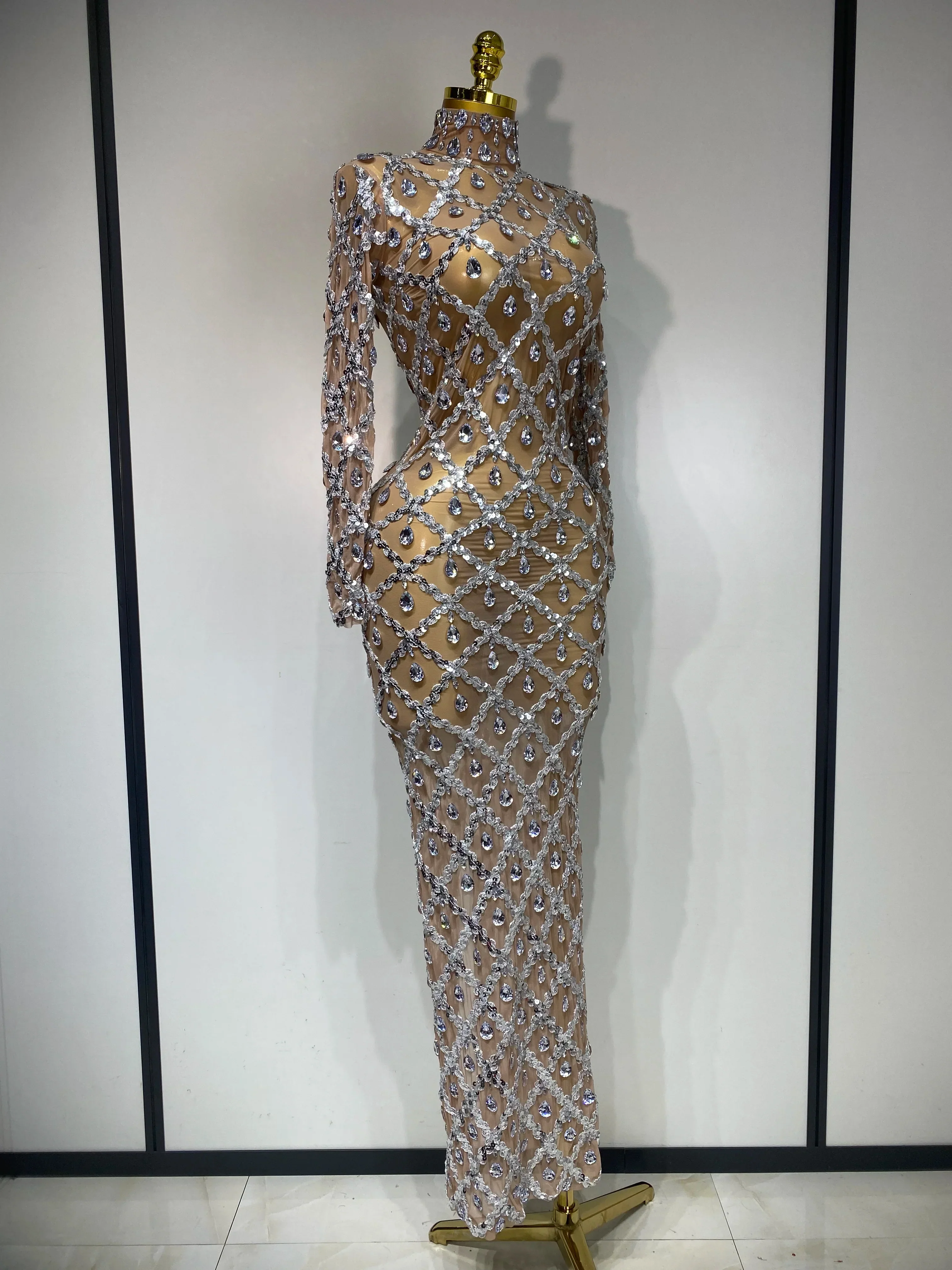 Women Sexy Luxury Birthday Dress Stage Shining Rhinestone Sequin Long Dress Evening Prom Gown Transparent Singer Club Host Dress - Image 2