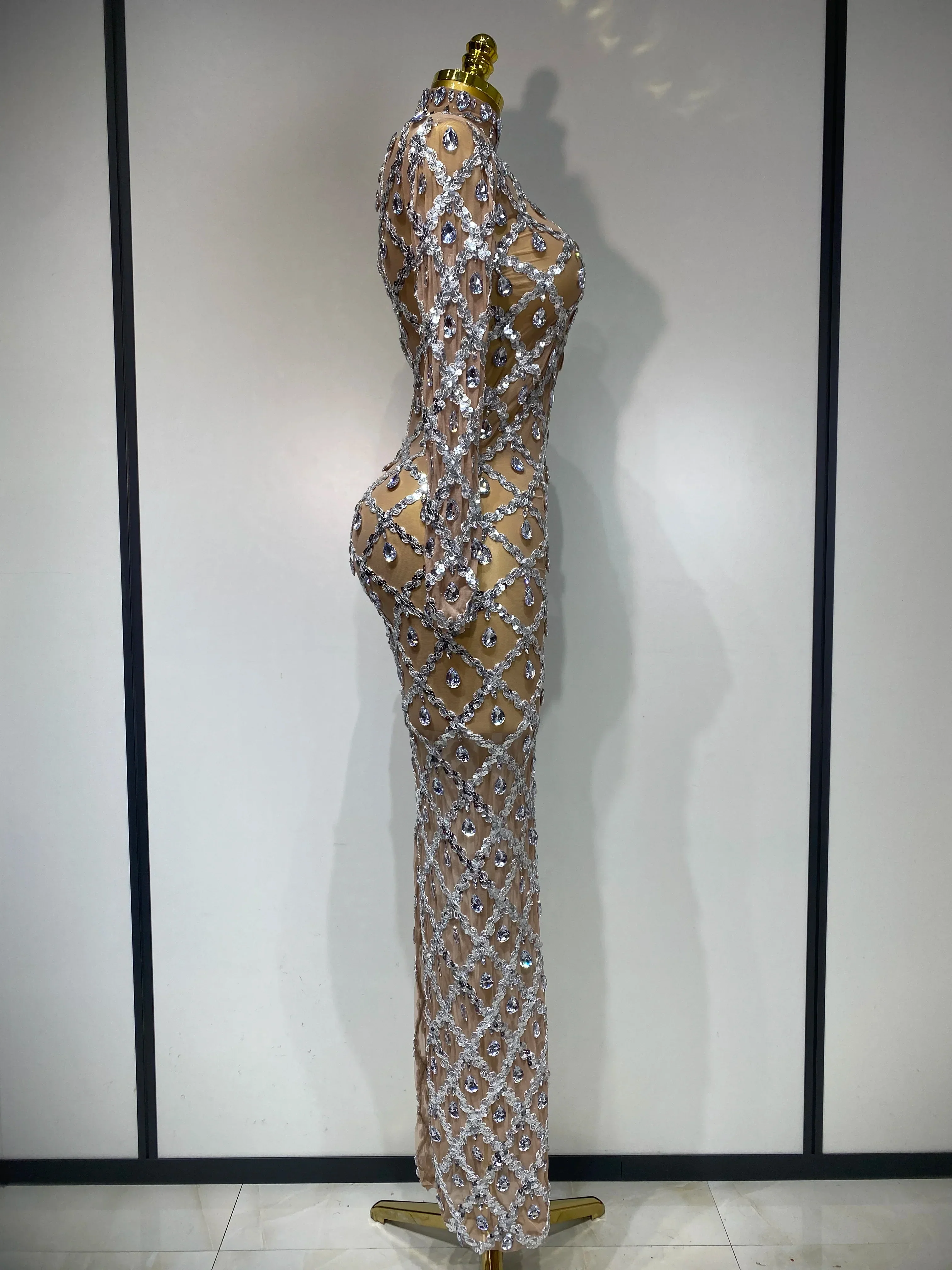 Women Sexy Luxury Birthday Dress Stage Shining Rhinestone Sequin Long Dress Evening Prom Gown Transparent Singer Club Host Dress - Image 3