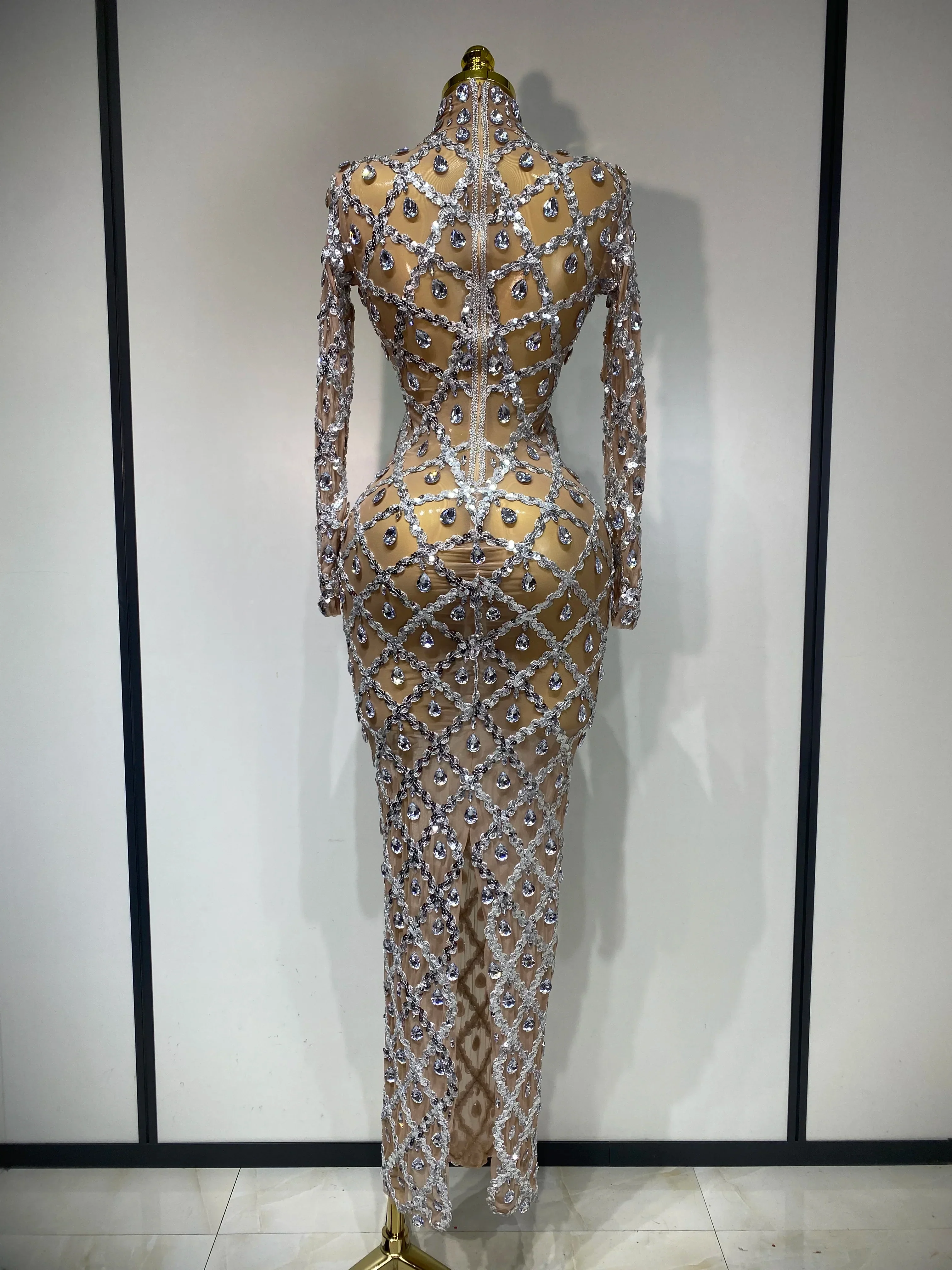 Women Sexy Luxury Birthday Dress Stage Shining Rhinestone Sequin Long Dress Evening Prom Gown Transparent Singer Club Host Dress - Image 4