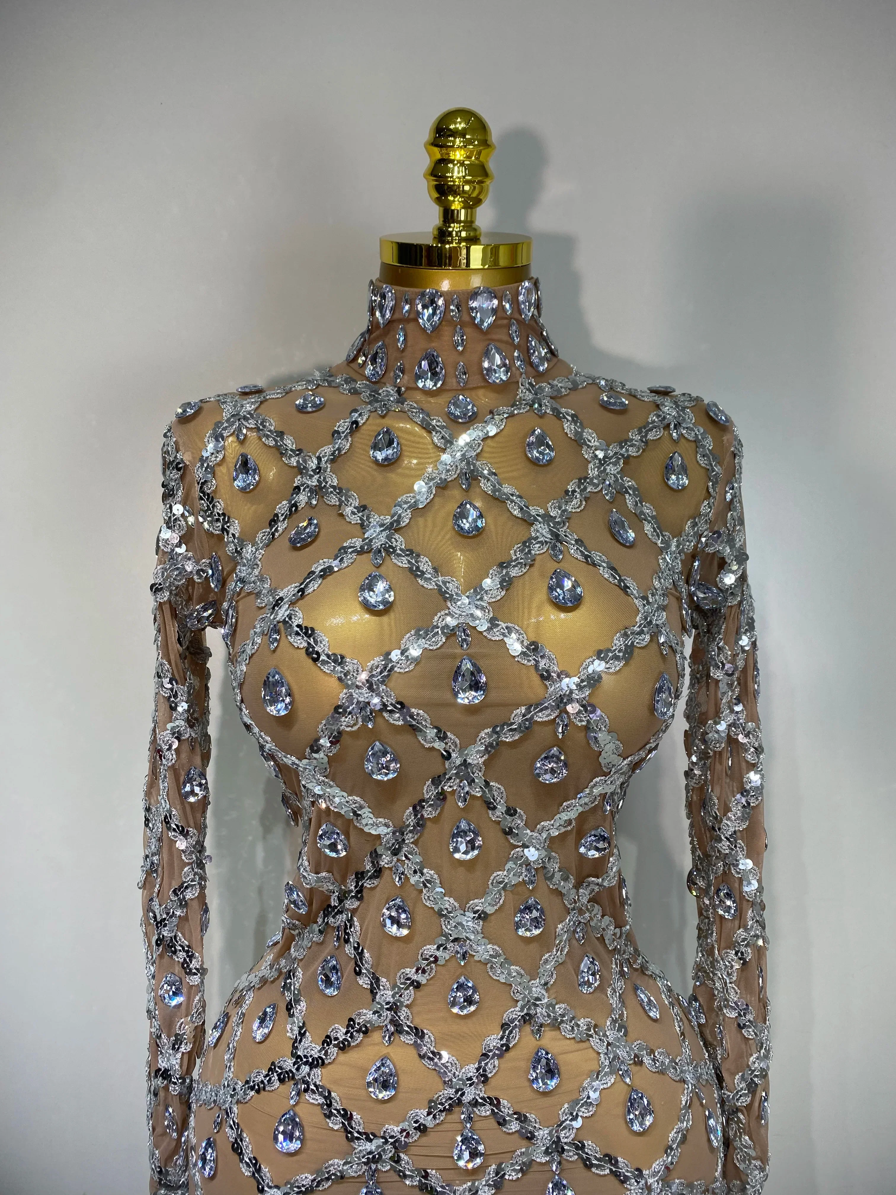 Women Sexy Luxury Birthday Dress Stage Shining Rhinestone Sequin Long Dress Evening Prom Gown Transparent Singer Club Host Dress - Image 5