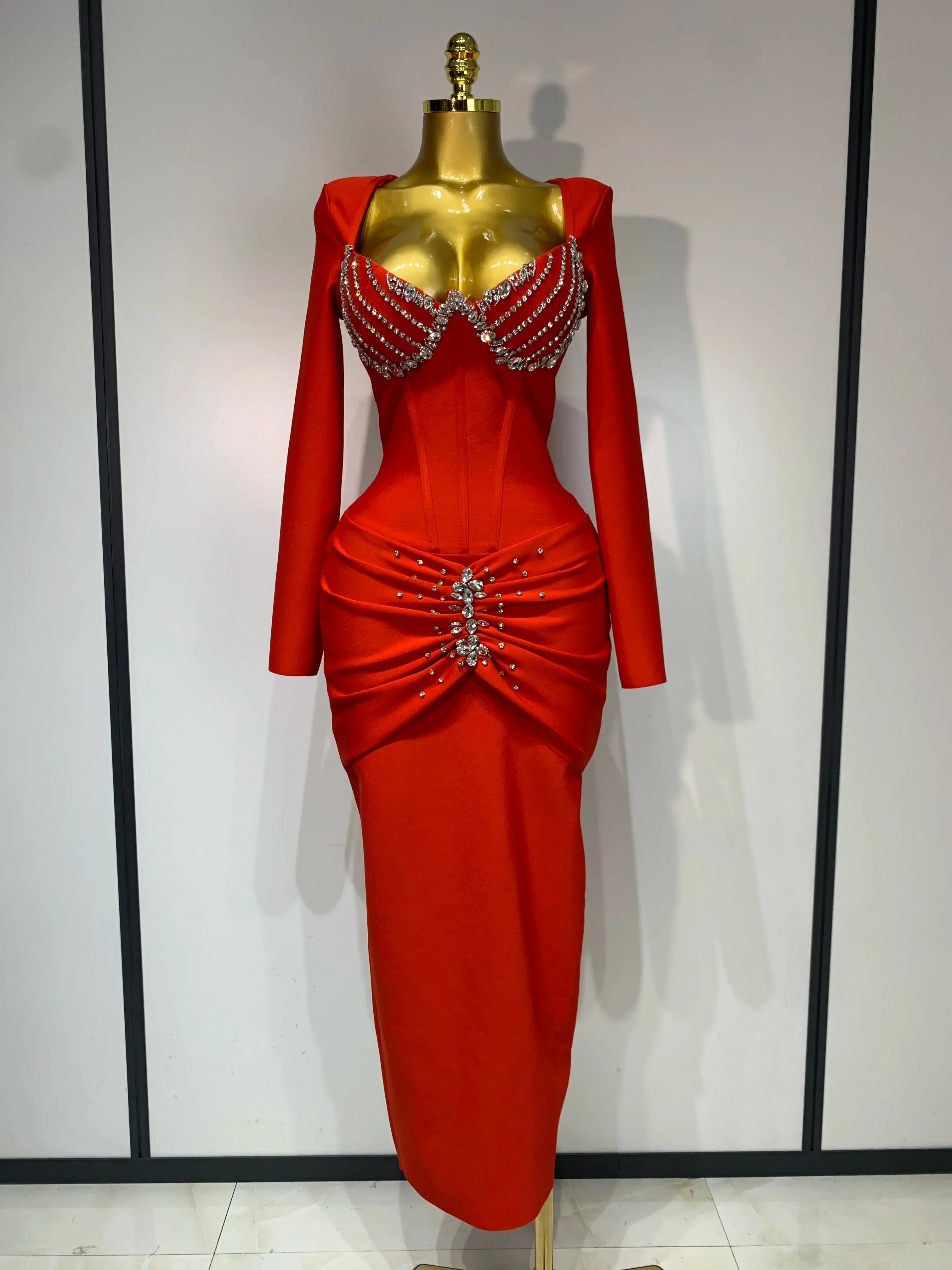 Women Sexy Luxury Sparkly Diamond Bandage Long Sleeve Bodycon Dress  Celebrity Elegant Evening Club Pary Birthday Dresses