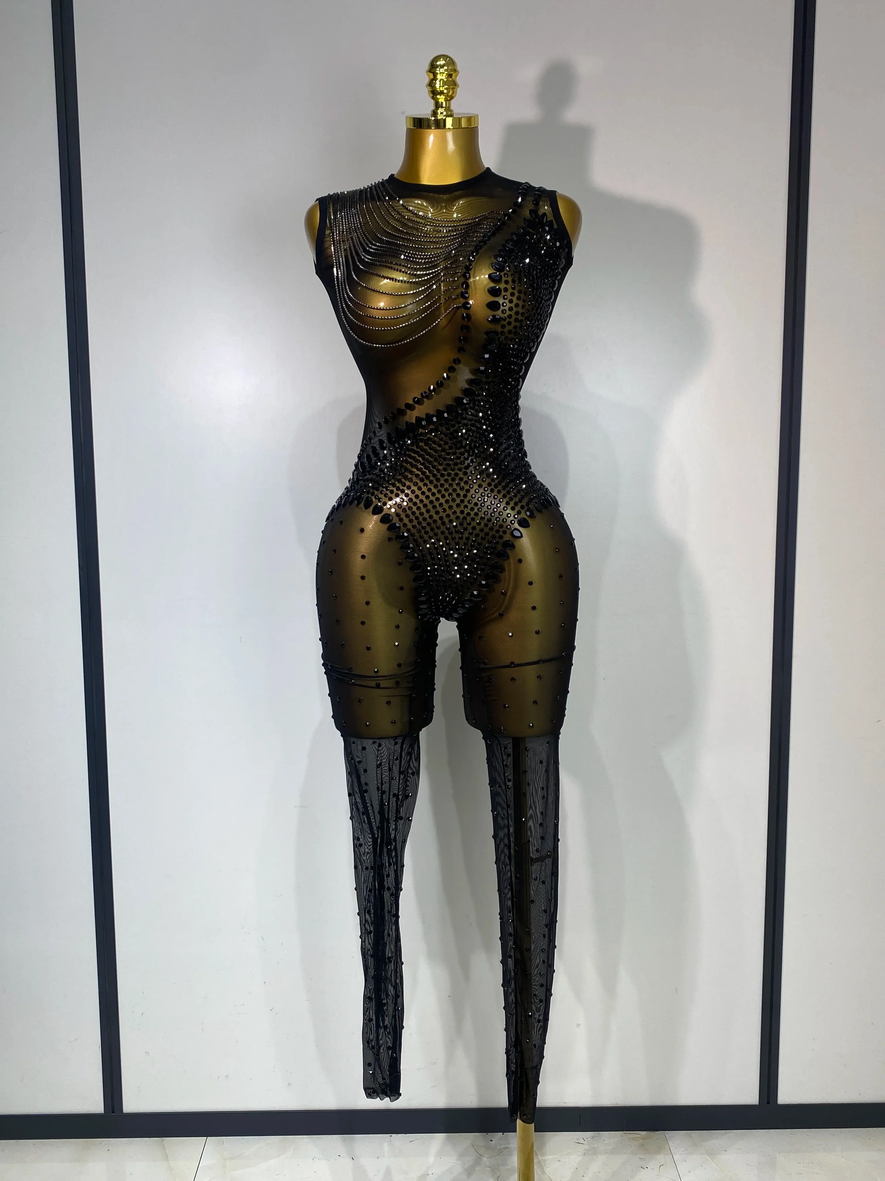 Women Sexy Mesh See Through Crystal Chain Black Bodycon Jumpsuit Celebrity Designer Dancer Night Club Rompers Stage Costume