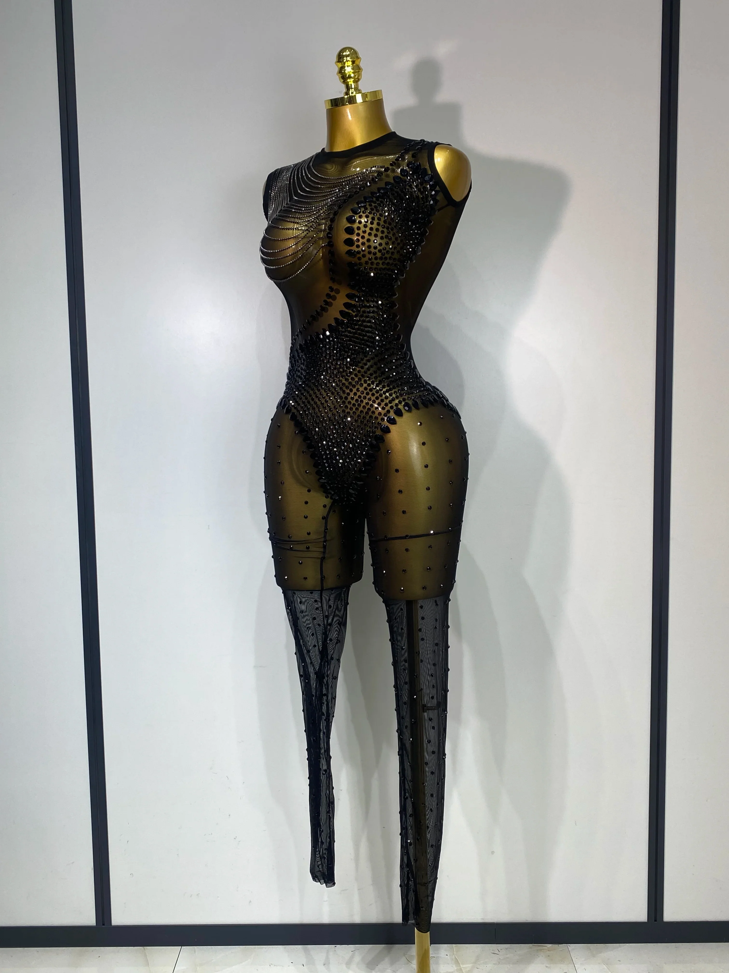 Women Sexy Mesh See Through Crystal Chain Black Bodycon Jumpsuit Celebrity Designer Dancer Night Club Rompers Stage Costume - Image 2