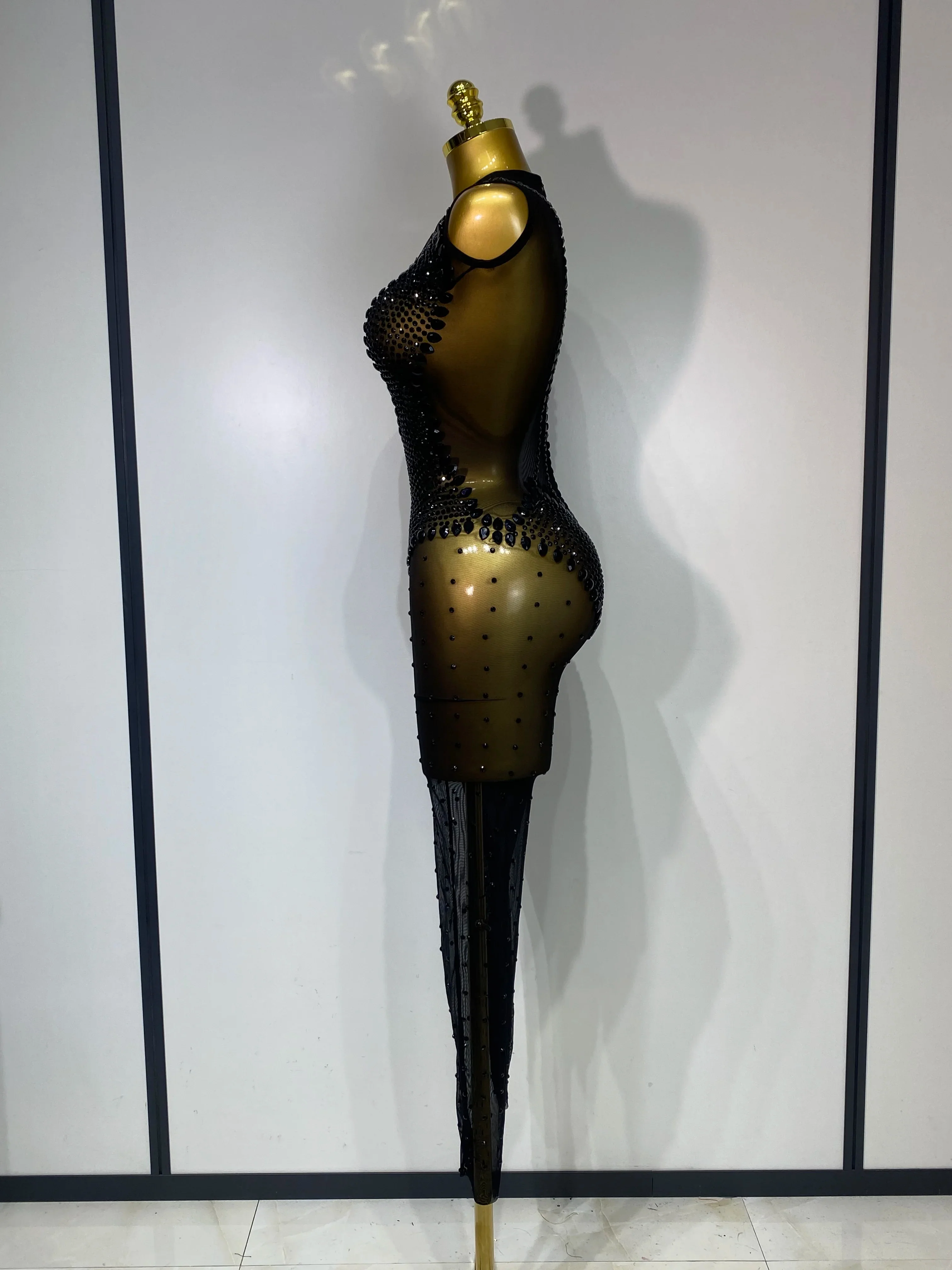 Women Sexy Mesh See Through Crystal Chain Black Bodycon Jumpsuit Celebrity Designer Dancer Night Club Rompers Stage Costume - Image 3