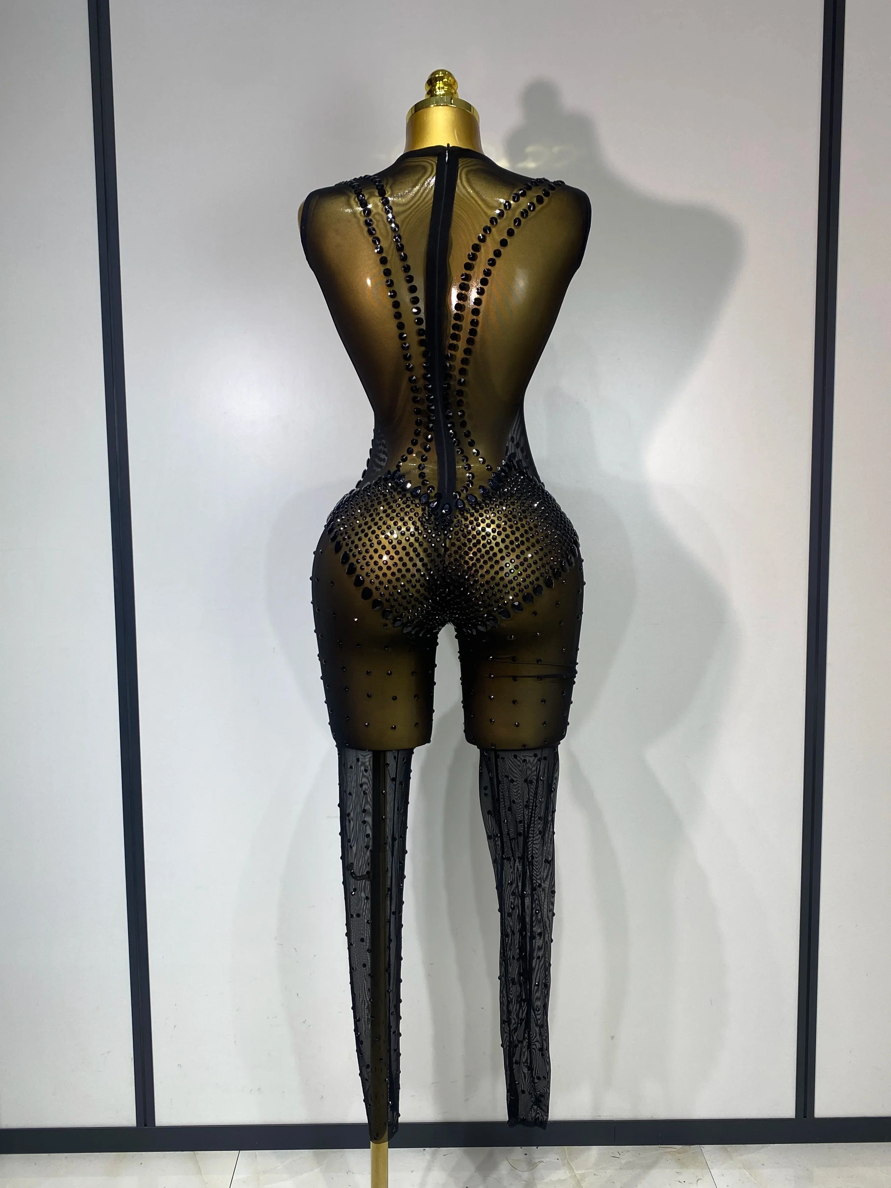 Women Sexy Mesh See Through Crystal Chain Black Bodycon Jumpsuit Celebrity Designer Dancer Night Club Rompers Stage Costume - Image 4