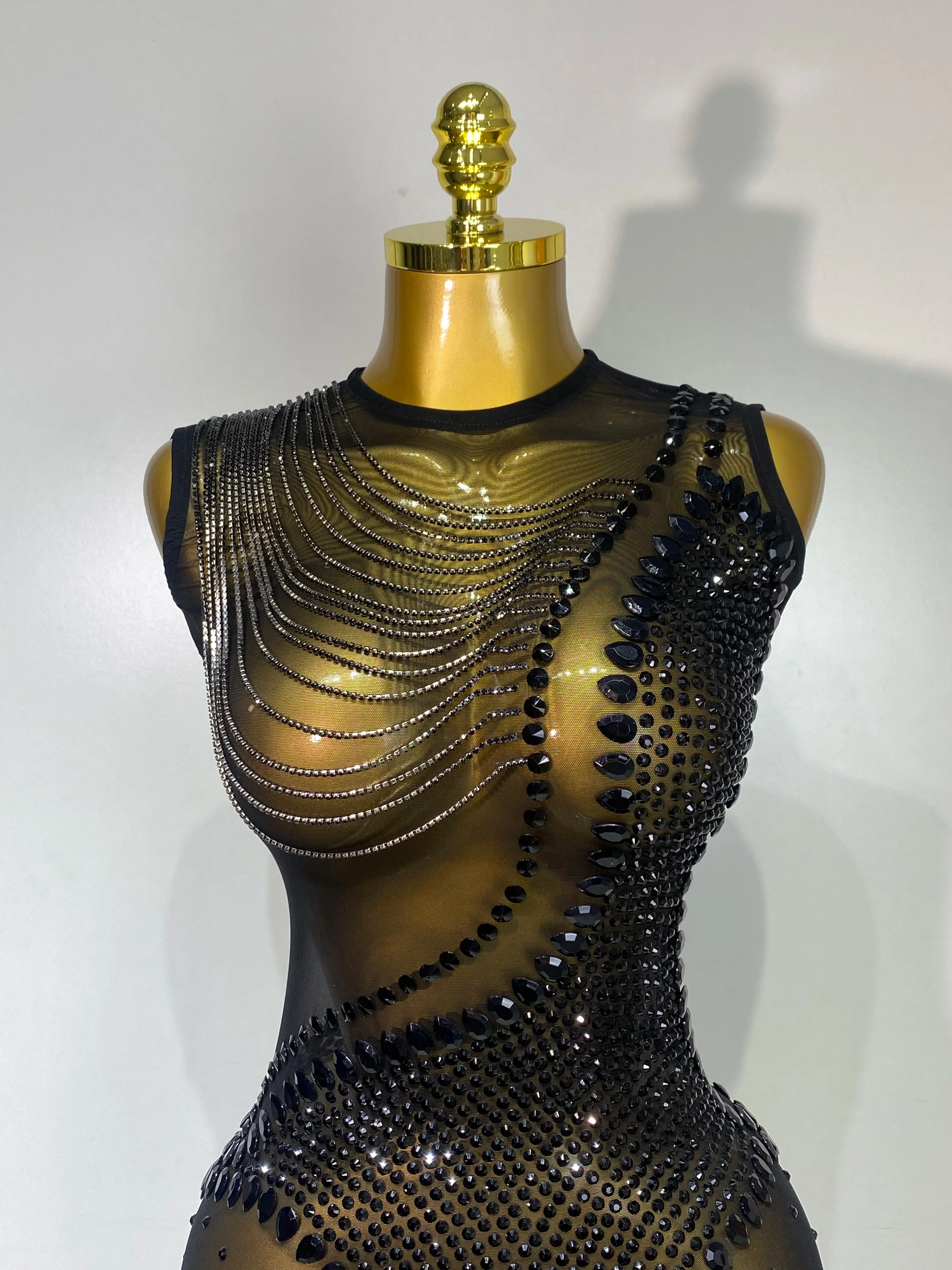 Women Sexy Mesh See Through Crystal Chain Black Bodycon Jumpsuit Celebrity Designer Dancer Night Club Rompers Stage Costume - Image 5