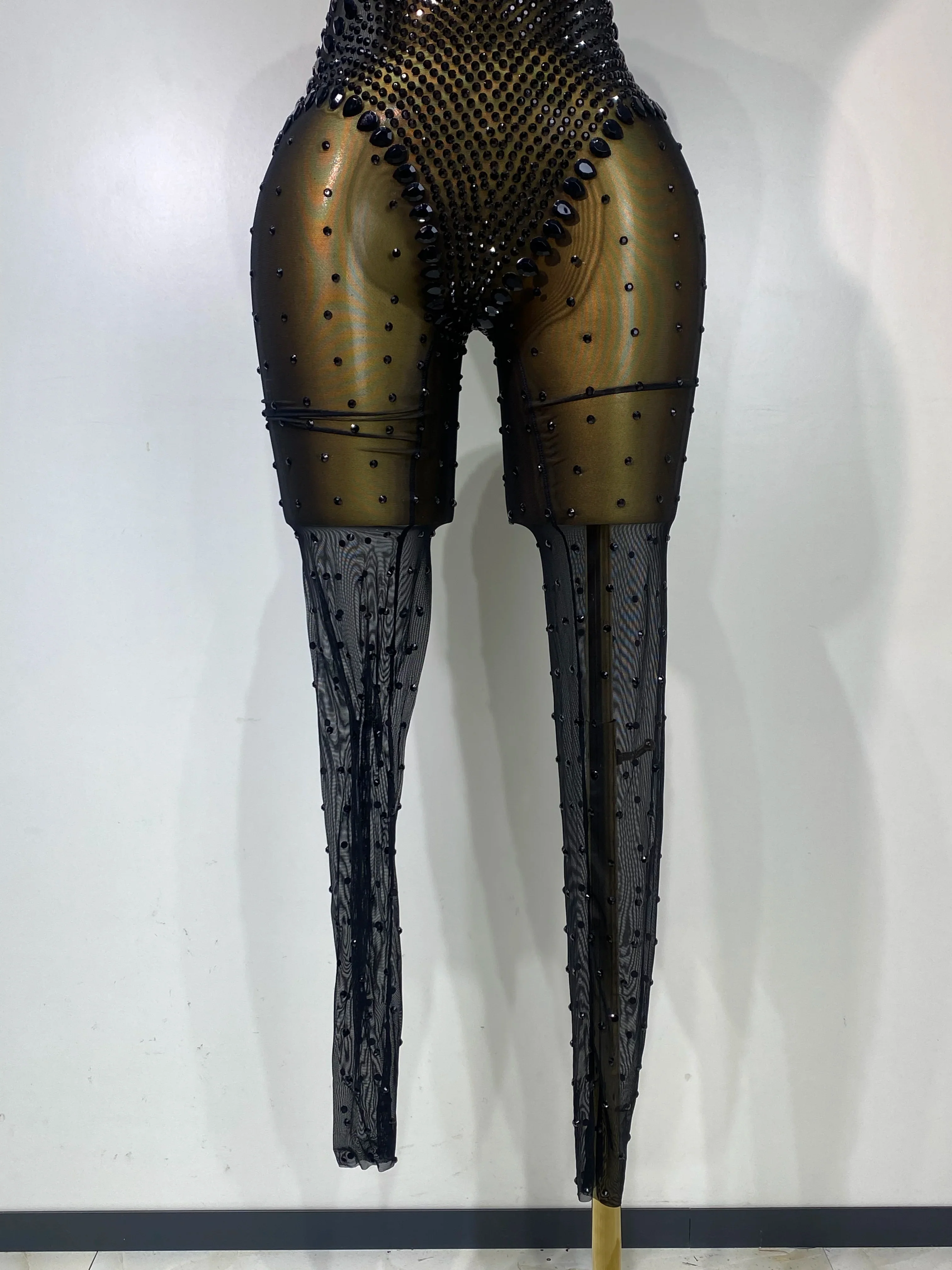 Women Sexy Mesh See Through Crystal Chain Black Bodycon Jumpsuit Celebrity Designer Dancer Night Club Rompers Stage Costume - Image 6