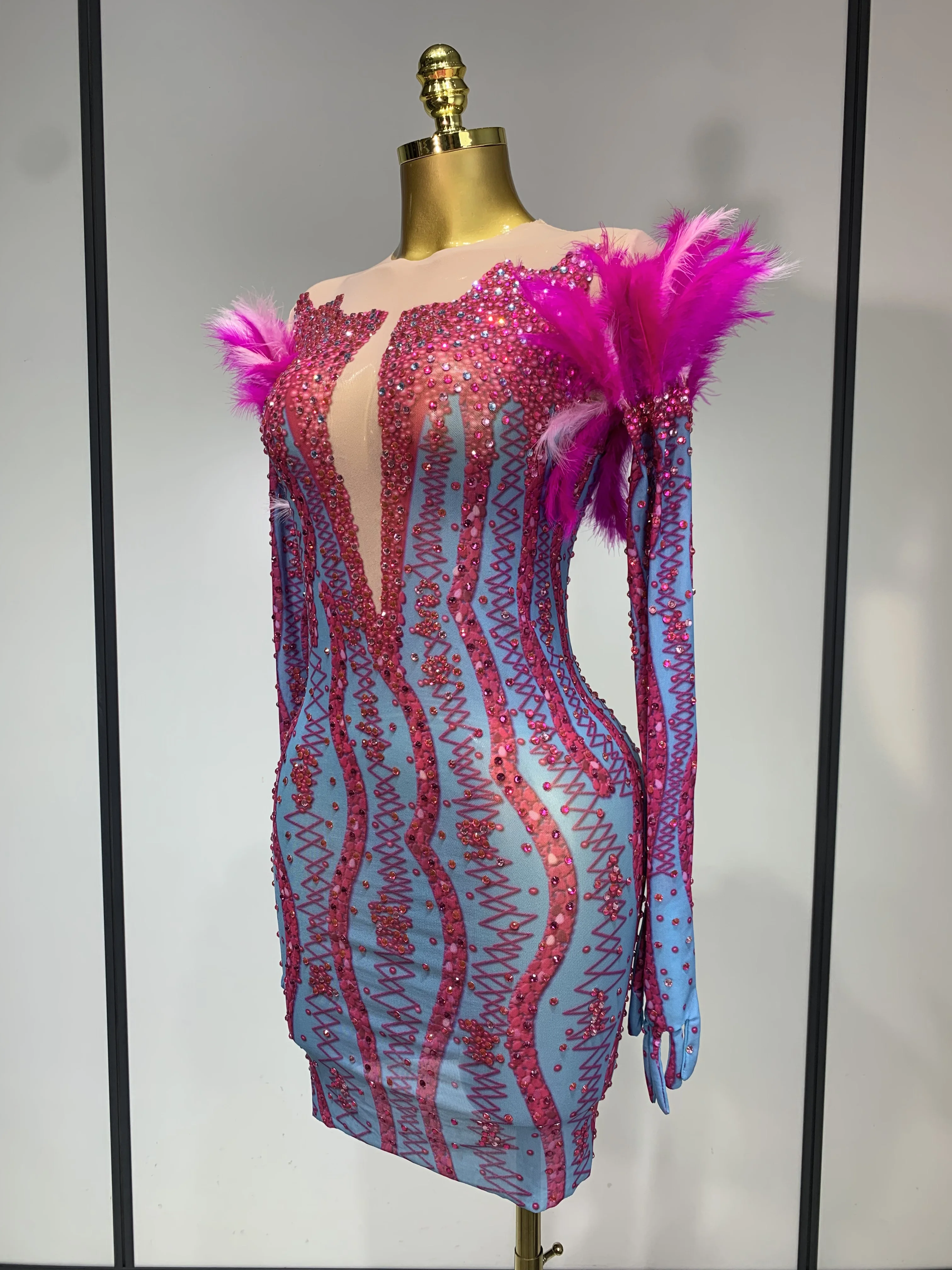 Women Sexy Mesh See Through Diamond Feather Dress Elegant Evening Party Luxury Birthday Nightclub Performance Stage Costume - Image 2