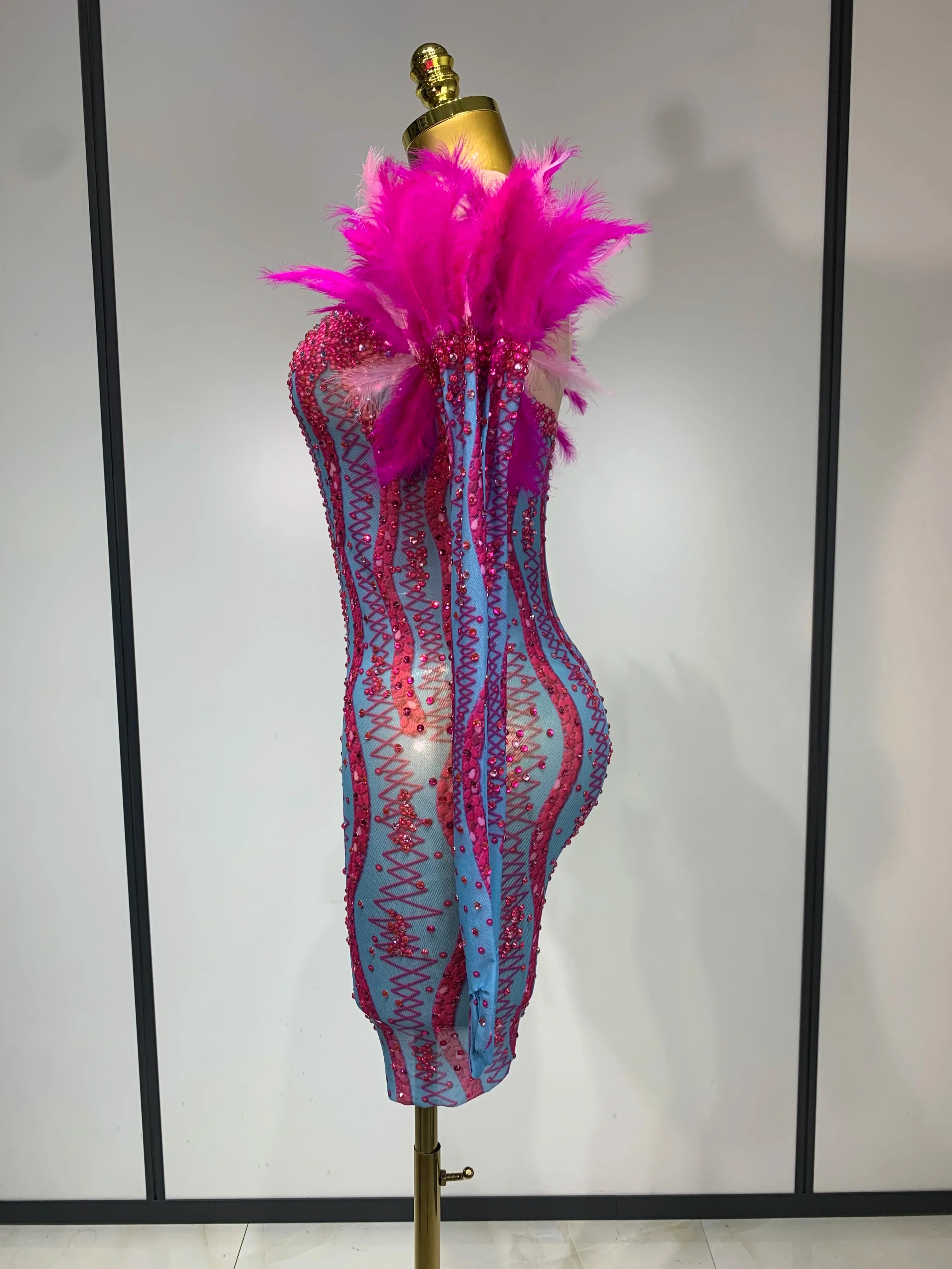 Women Sexy Mesh See Through Diamond Feather Dress Elegant Evening Party Luxury Birthday Nightclub Performance Stage Costume - Image 3