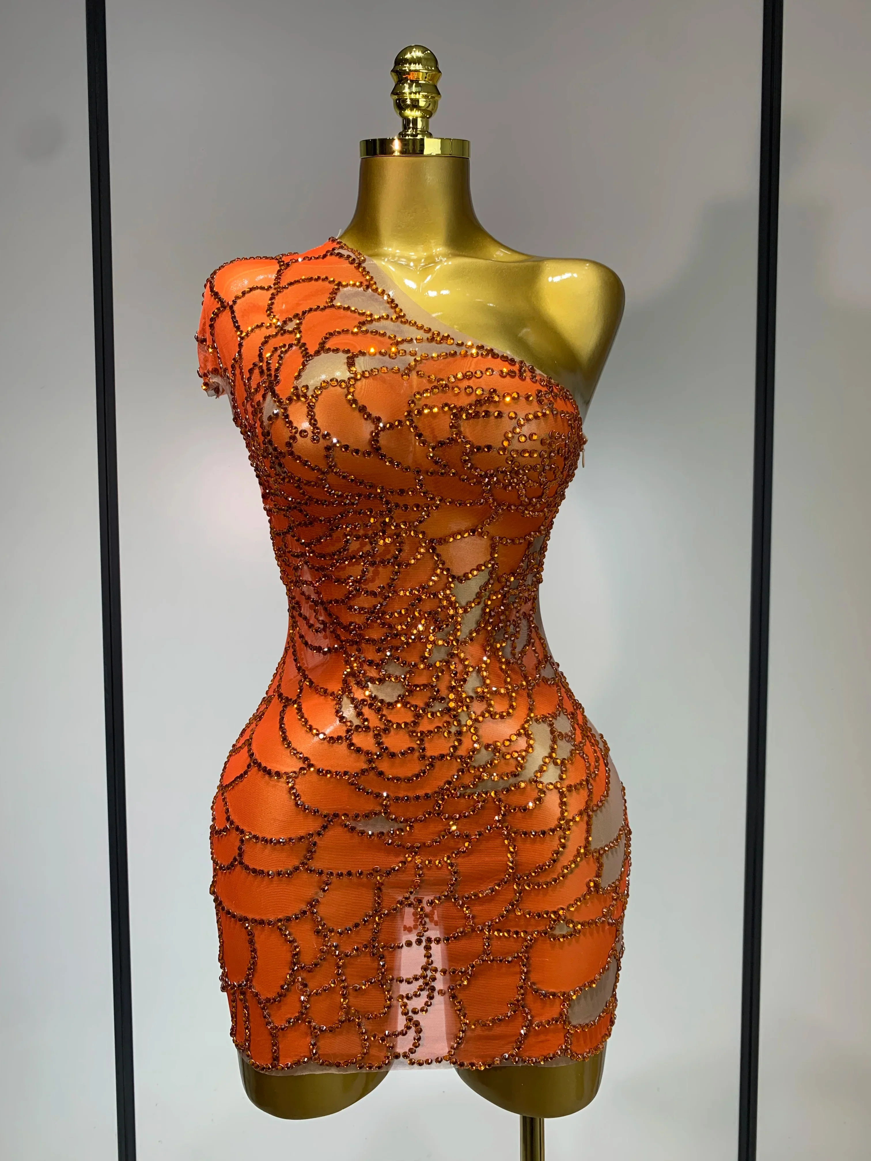 Women Sexy Mesh See Through One Shoulder Rhinestones Stage Costume Singer Nightclub Evening Party Luxury Birthday Mini Dresses