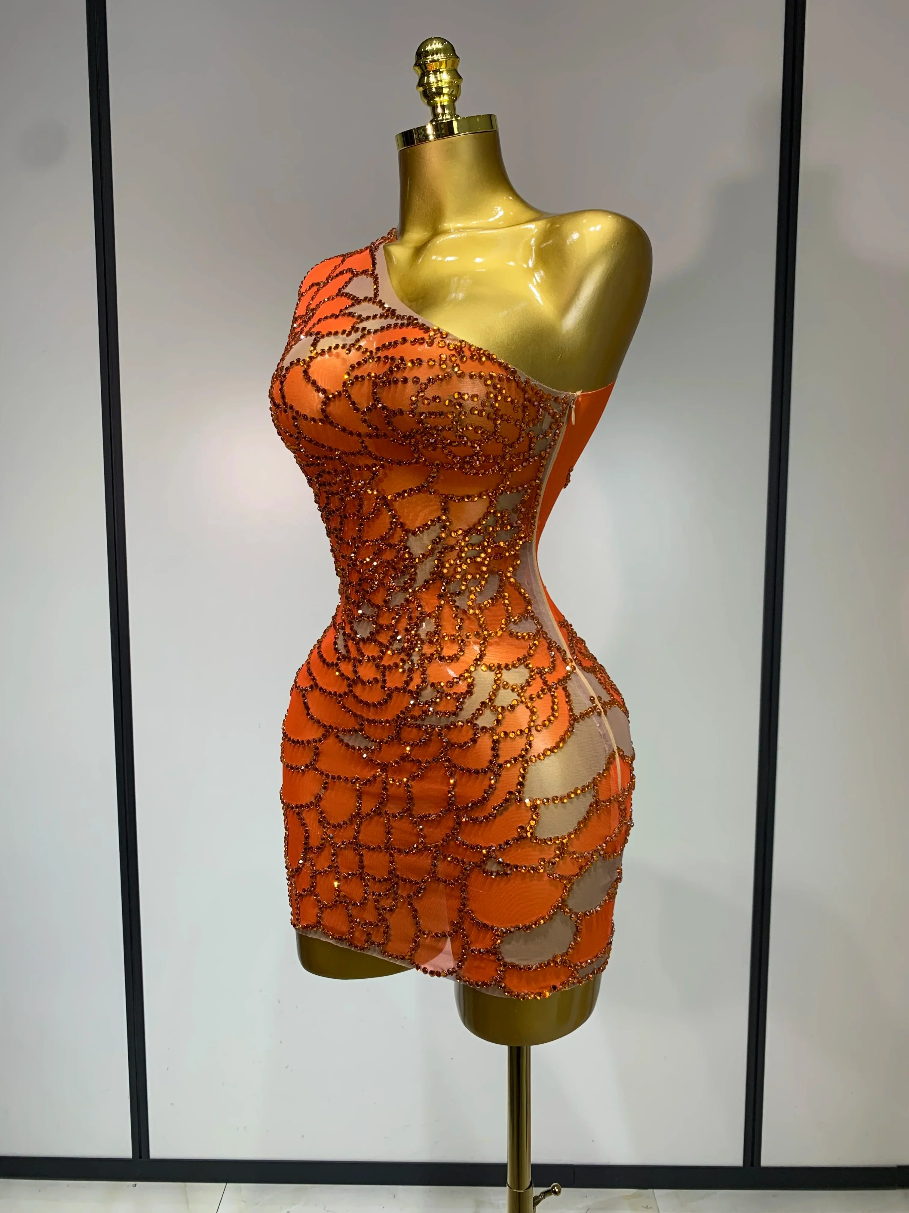 Women Sexy Mesh See Through One Shoulder Rhinestones Stage Costume Singer Nightclub Evening Party Luxury Birthday Mini Dresses - Image 2