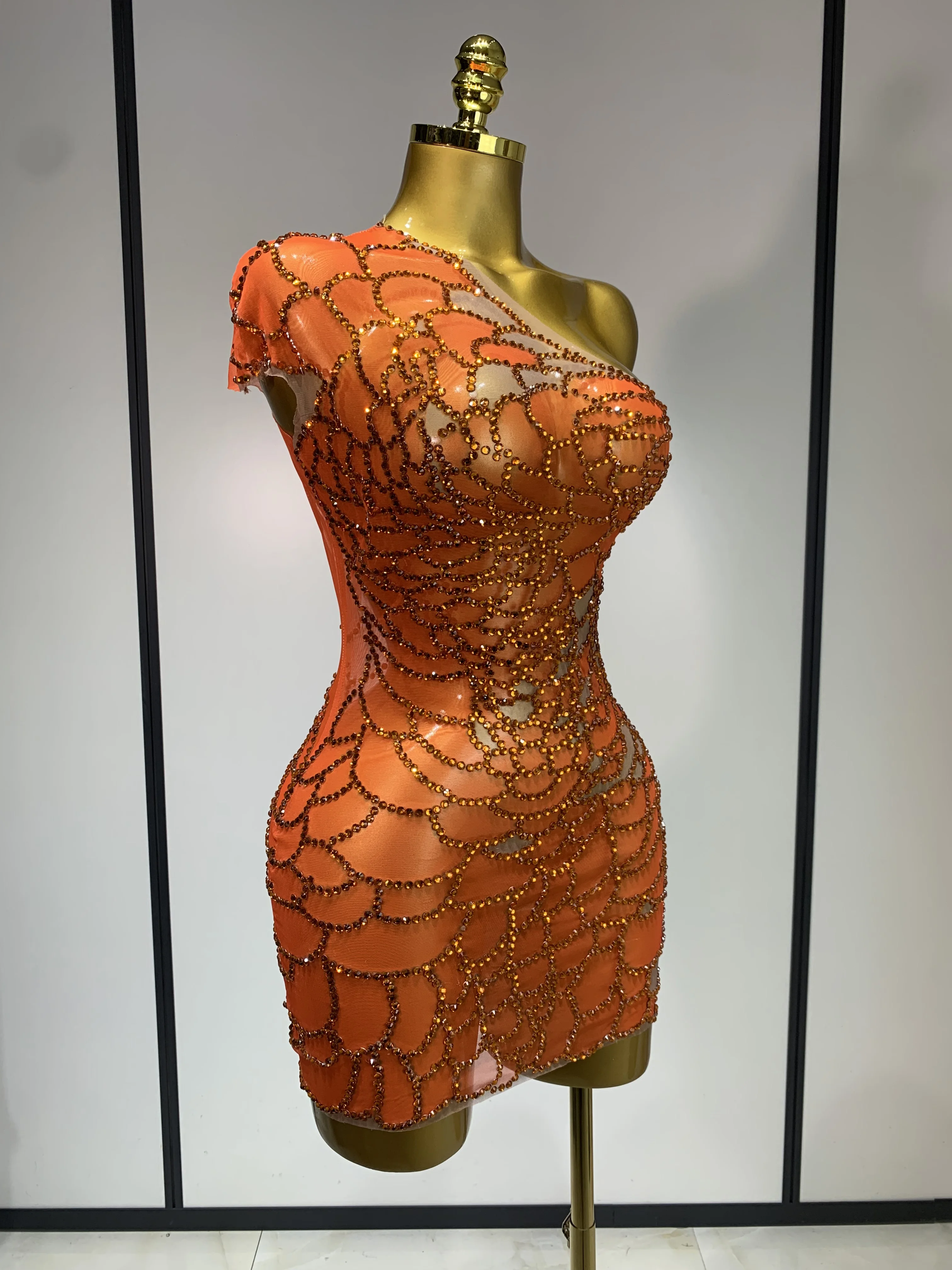 Women Sexy Mesh See Through One Shoulder Rhinestones Stage Costume Singer Nightclub Evening Party Luxury Birthday Mini Dresses - Image 3