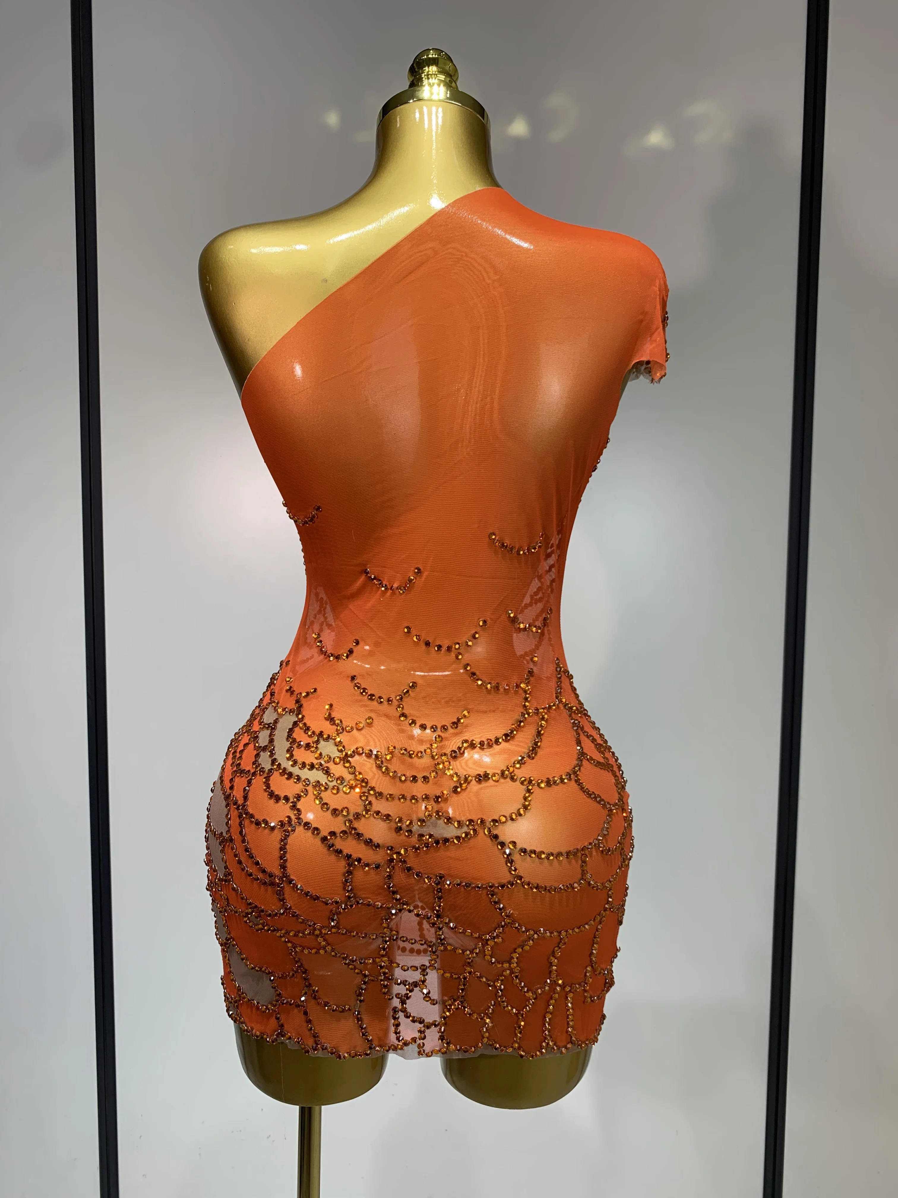 Women Sexy Mesh See Through One Shoulder Rhinestones Stage Costume Singer Nightclub Evening Party Luxury Birthday Mini Dresses - Image 4