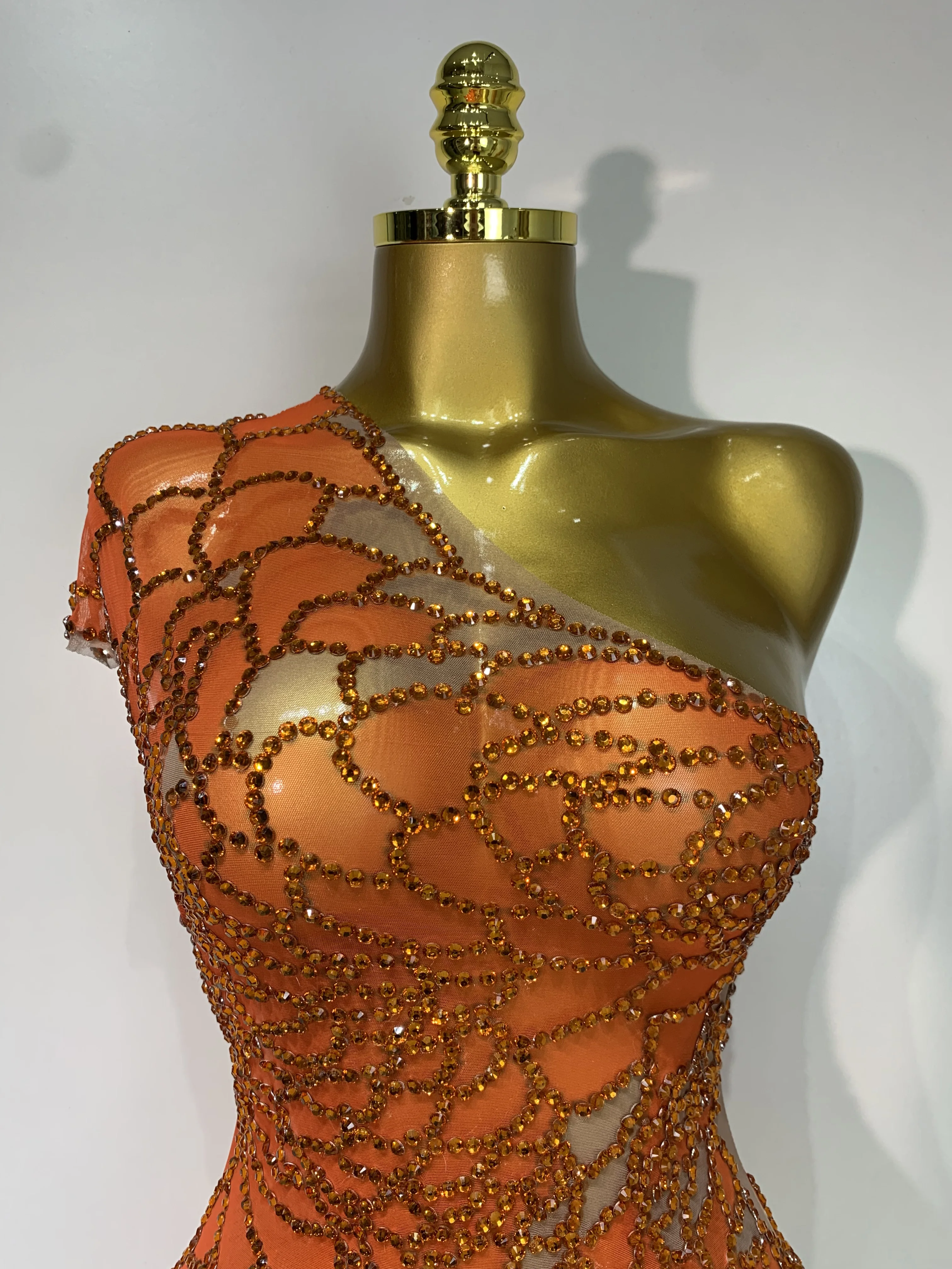 Women Sexy Mesh See Through One Shoulder Rhinestones Stage Costume Singer Nightclub Evening Party Luxury Birthday Mini Dresses - Image 5