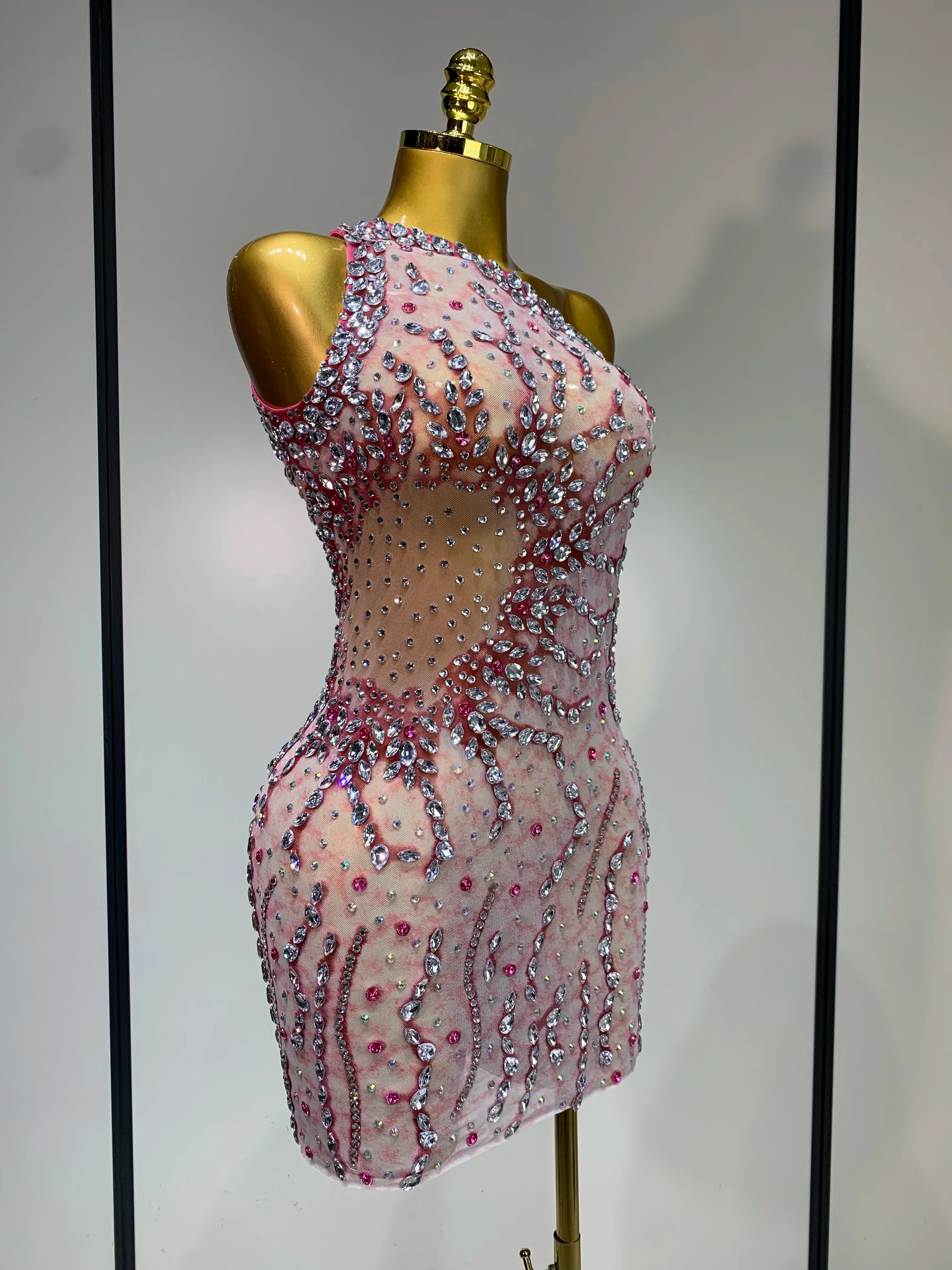 Women Sexy Mesh See Through Rhinestone Mini Dress Stage Dancer One Shoulder Stretch Night Club Party Birthday Dress Stage Outfit - Image 2