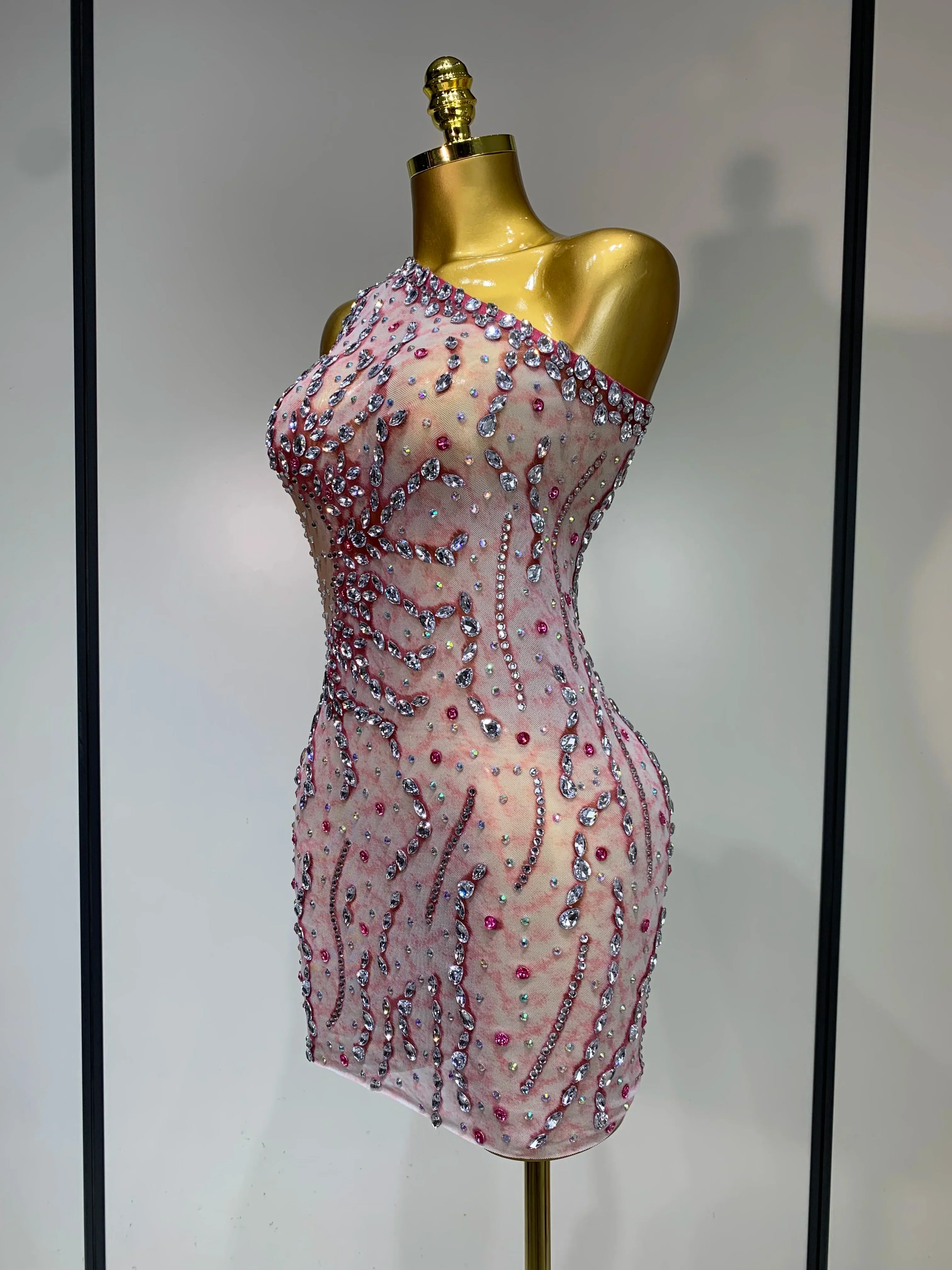 Women Sexy Mesh See Through Rhinestone Mini Dress Stage Dancer One Shoulder Stretch Night Club Party Birthday Dress Stage Outfit - Image 3