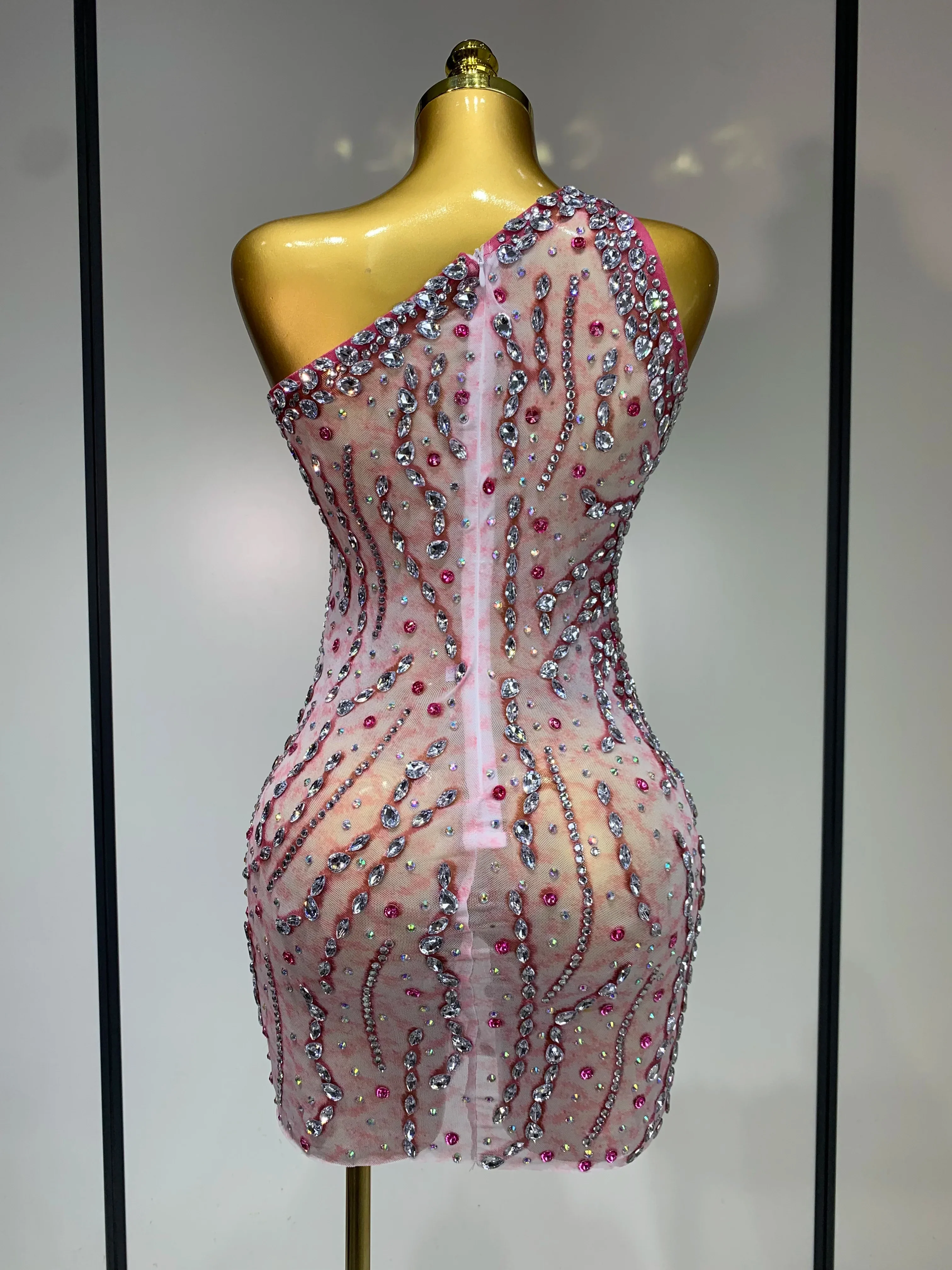 Women Sexy Mesh See Through Rhinestone Mini Dress Stage Dancer One Shoulder Stretch Night Club Party Birthday Dress Stage Outfit - Image 4