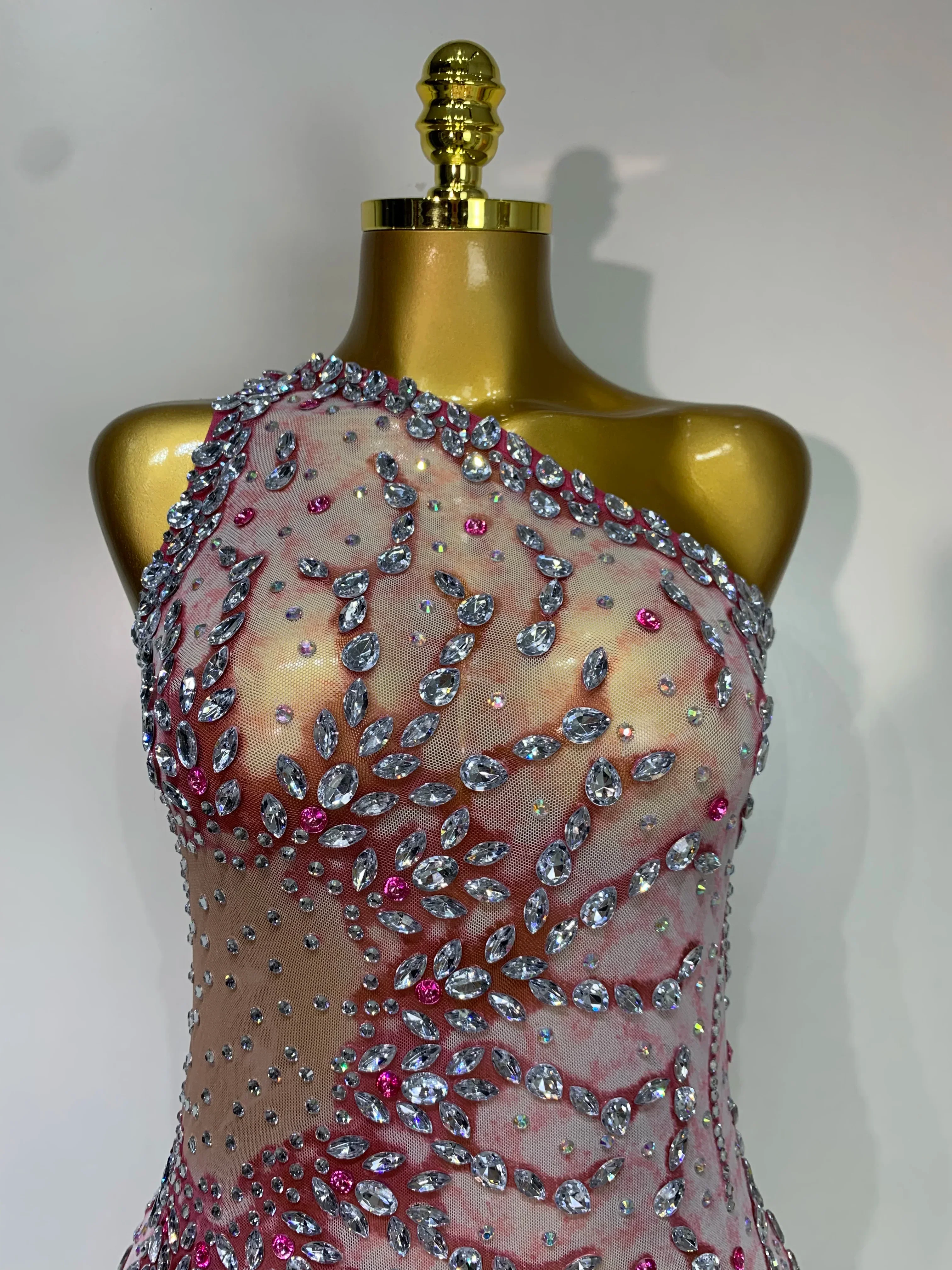 Women Sexy Mesh See Through Rhinestone Mini Dress Stage Dancer One Shoulder Stretch Night Club Party Birthday Dress Stage Outfit - Image 5