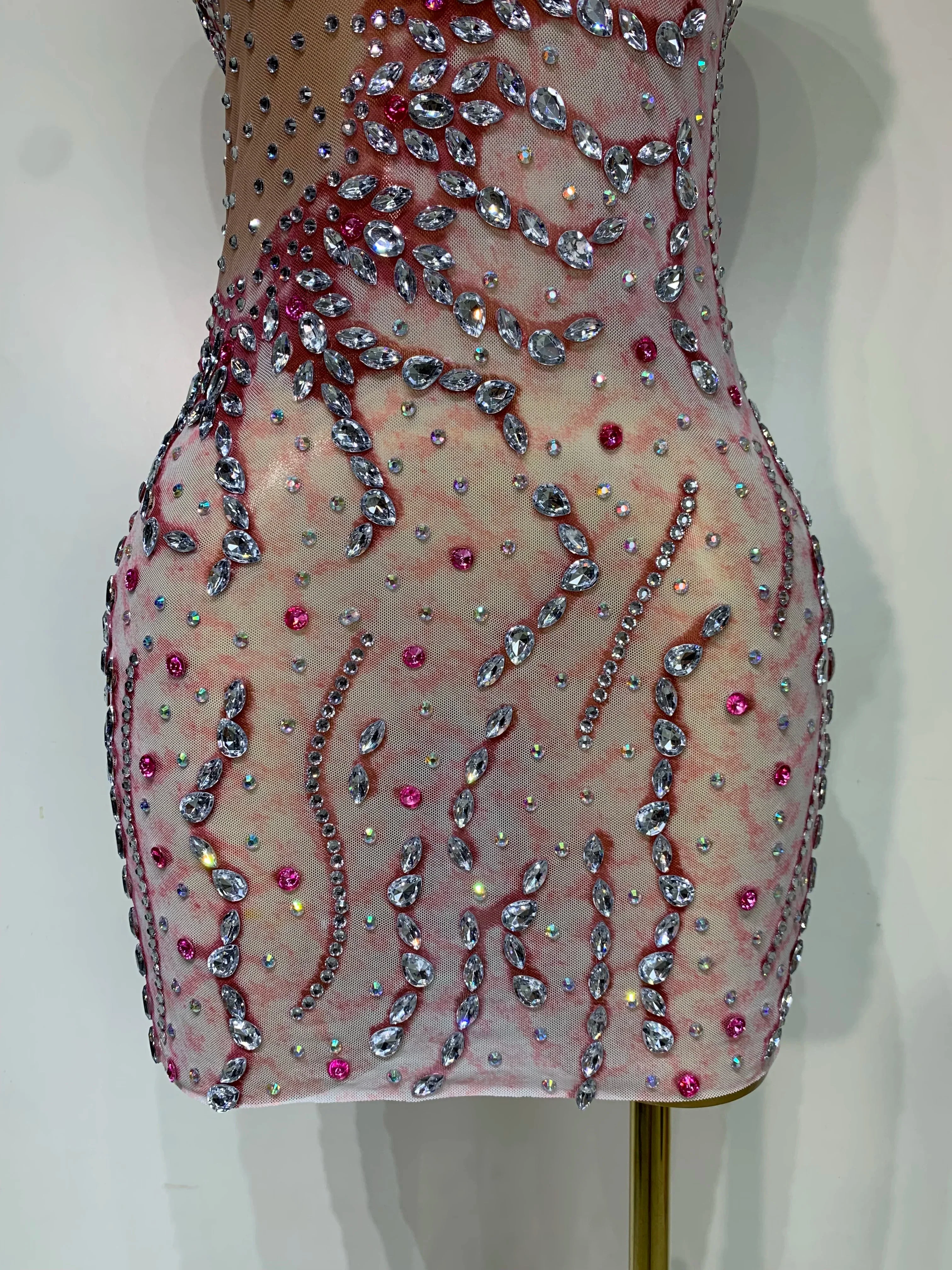 Women Sexy Mesh See Through Rhinestone Mini Dress Stage Dancer One Shoulder Stretch Night Club Party Birthday Dress Stage Outfit - Image 6