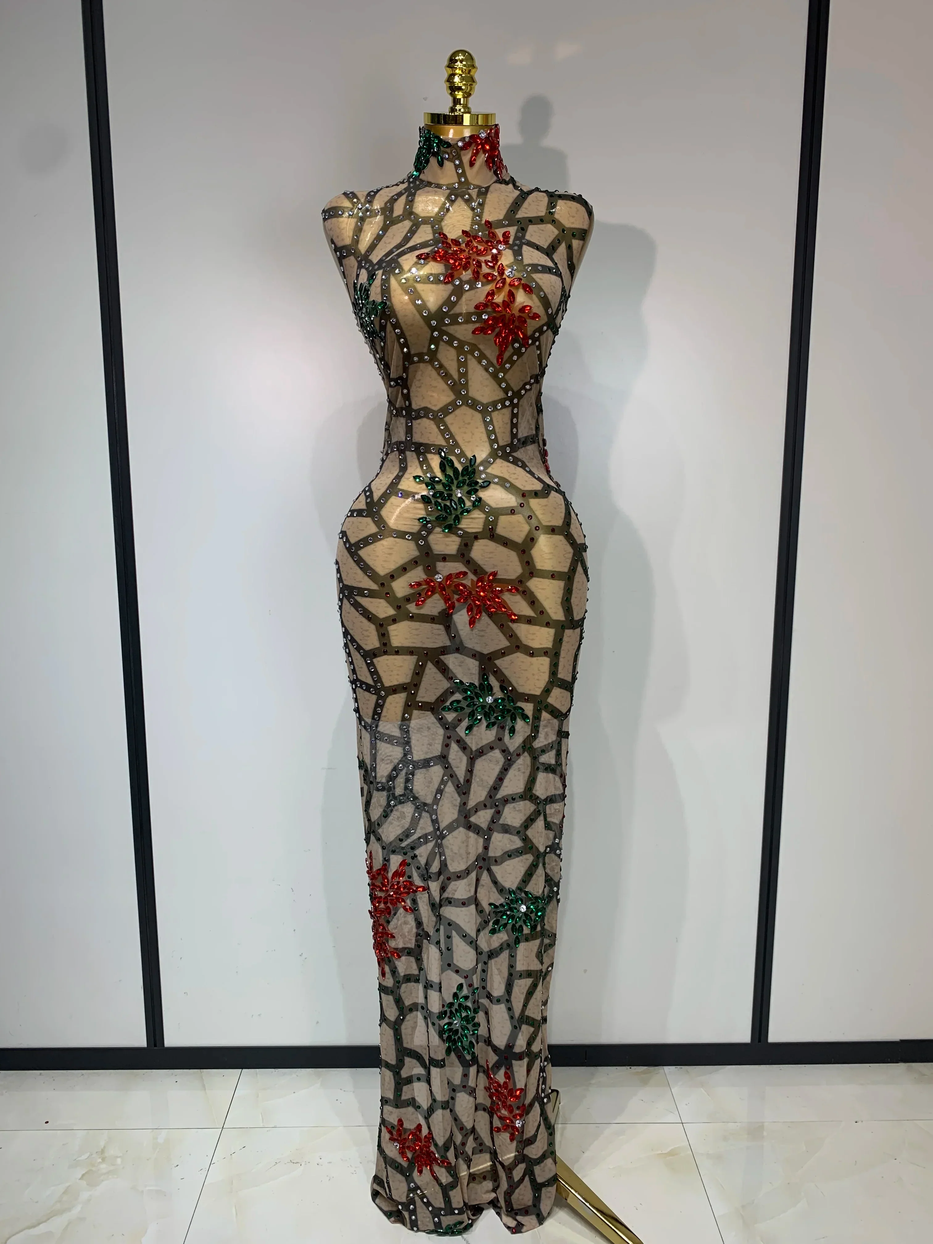 Women Sexy Mesh See Through Sparkly Rhinestone Long Maxi Dress Luxury Birthday Evening Party Prom Gowns Singer Stage Costume