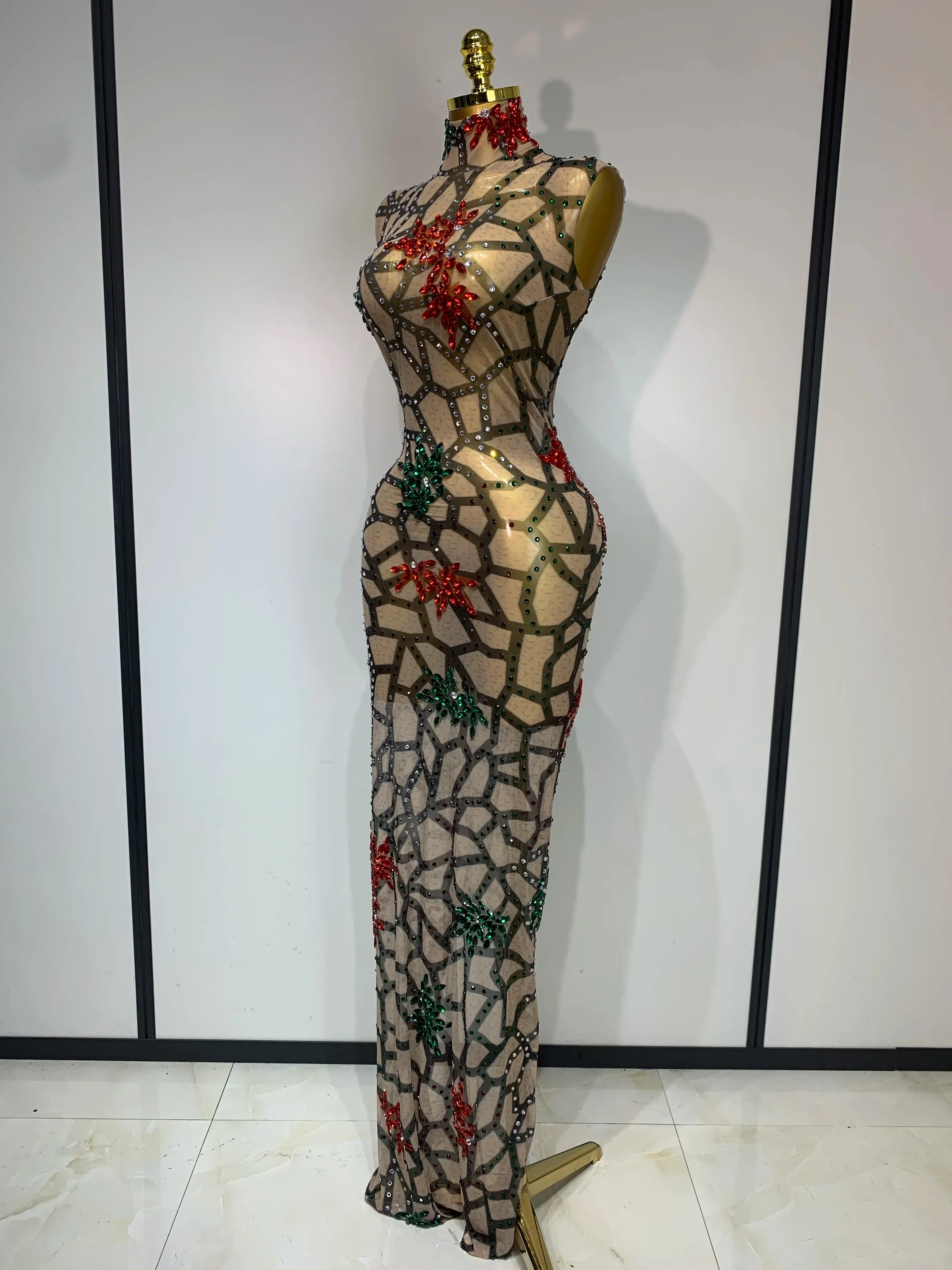 Women Sexy Mesh See Through Sparkly Rhinestone Long Maxi Dress Luxury Birthday Evening Party Prom Gowns Singer Stage Costume - Image 2
