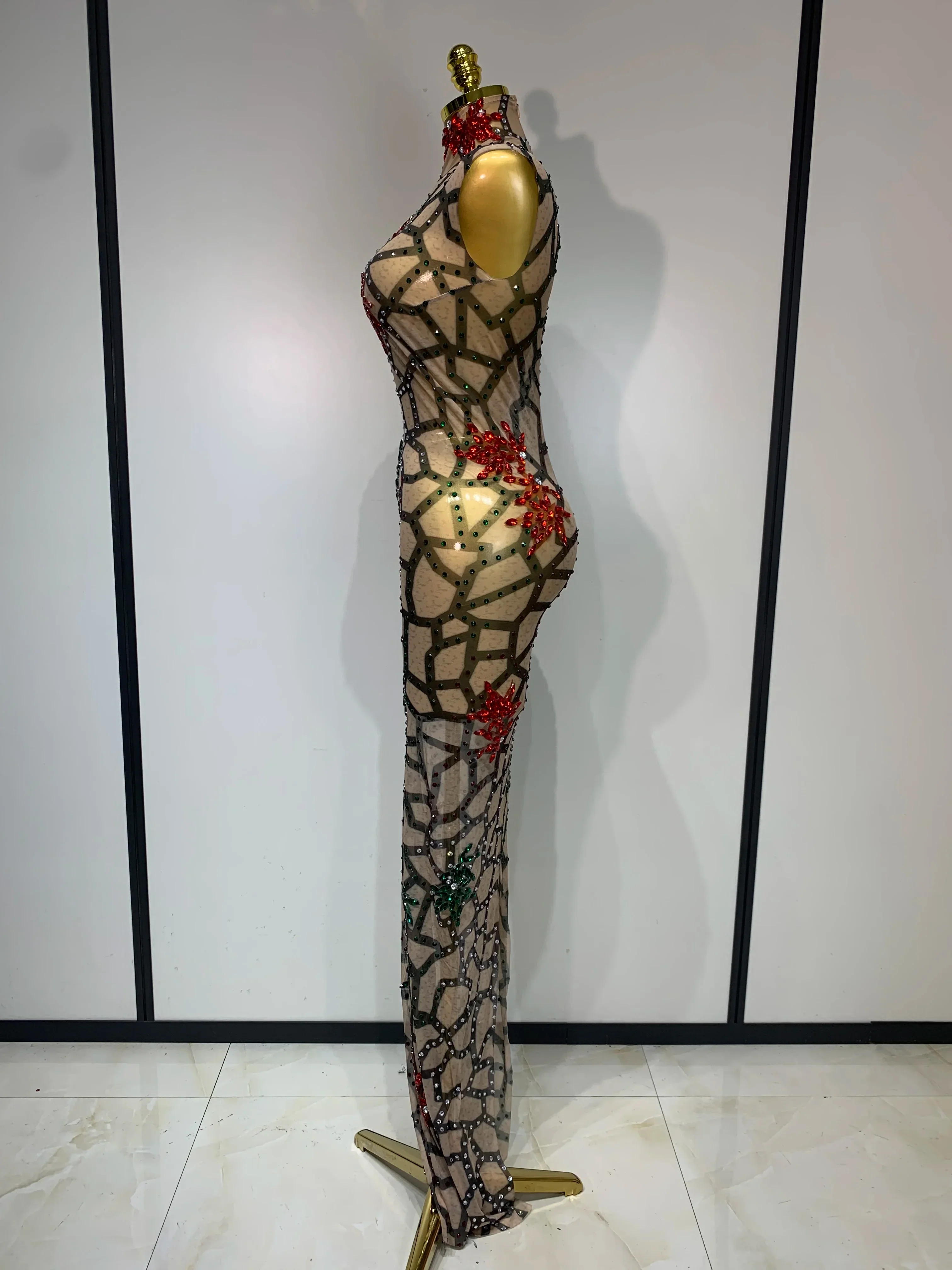Women Sexy Mesh See Through Sparkly Rhinestone Long Maxi Dress Luxury Birthday Evening Party Prom Gowns Singer Stage Costume - Image 3