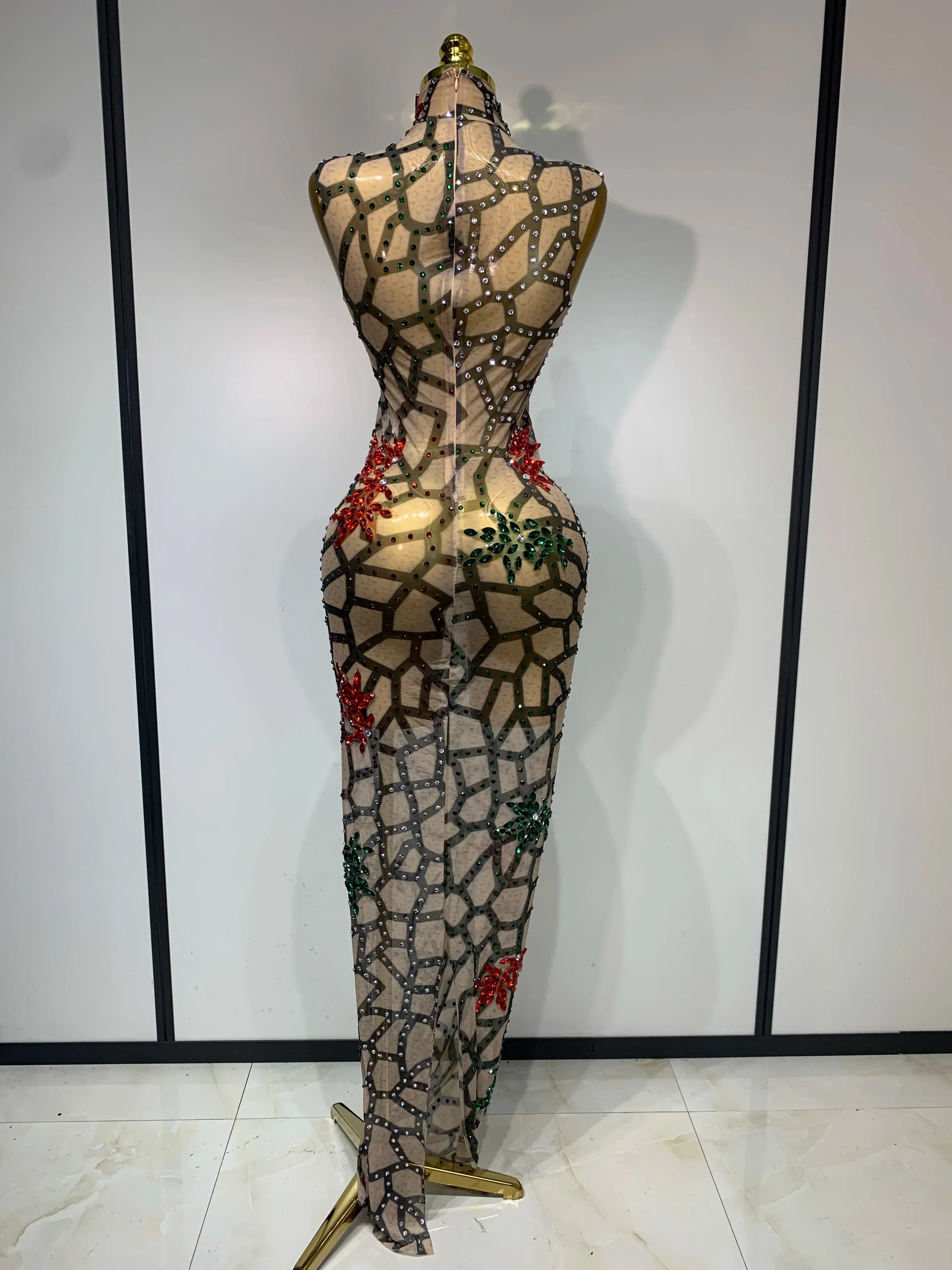 Women Sexy Mesh See Through Sparkly Rhinestone Long Maxi Dress Luxury Birthday Evening Party Prom Gowns Singer Stage Costume - Image 4