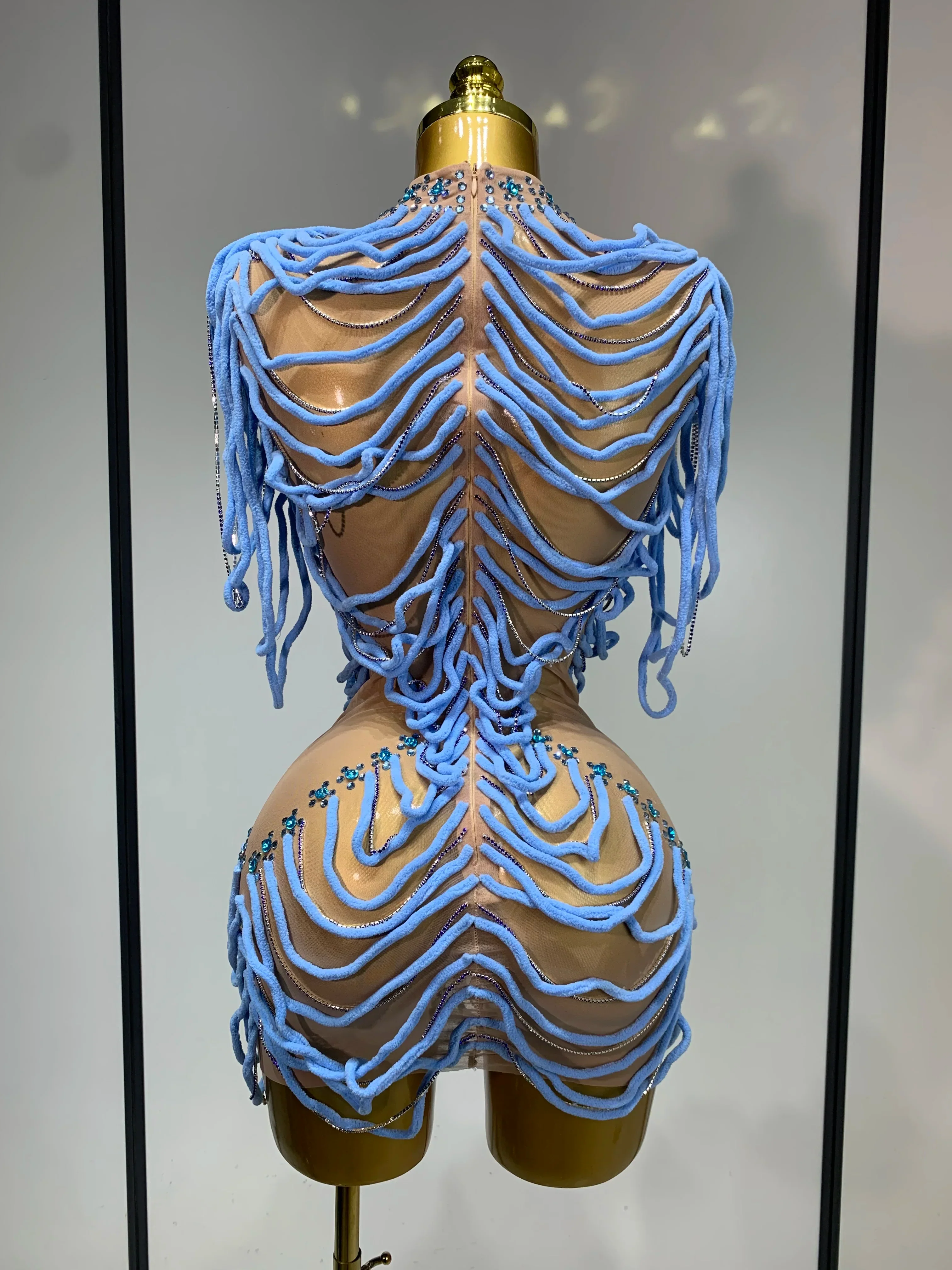 Women Sexy Mesh See Through Sparkly Rhinestones Chain Stage Costume Nightclub Celebrate Evening Party Performance Outfit - Image 4